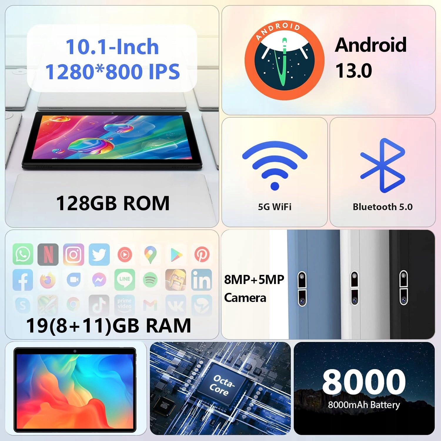 Tablet 10.1" Octa-Core 19GB+128GB Android 13.0 5G Wifi 8000mAh 1280*800 Manufacturer code Z10