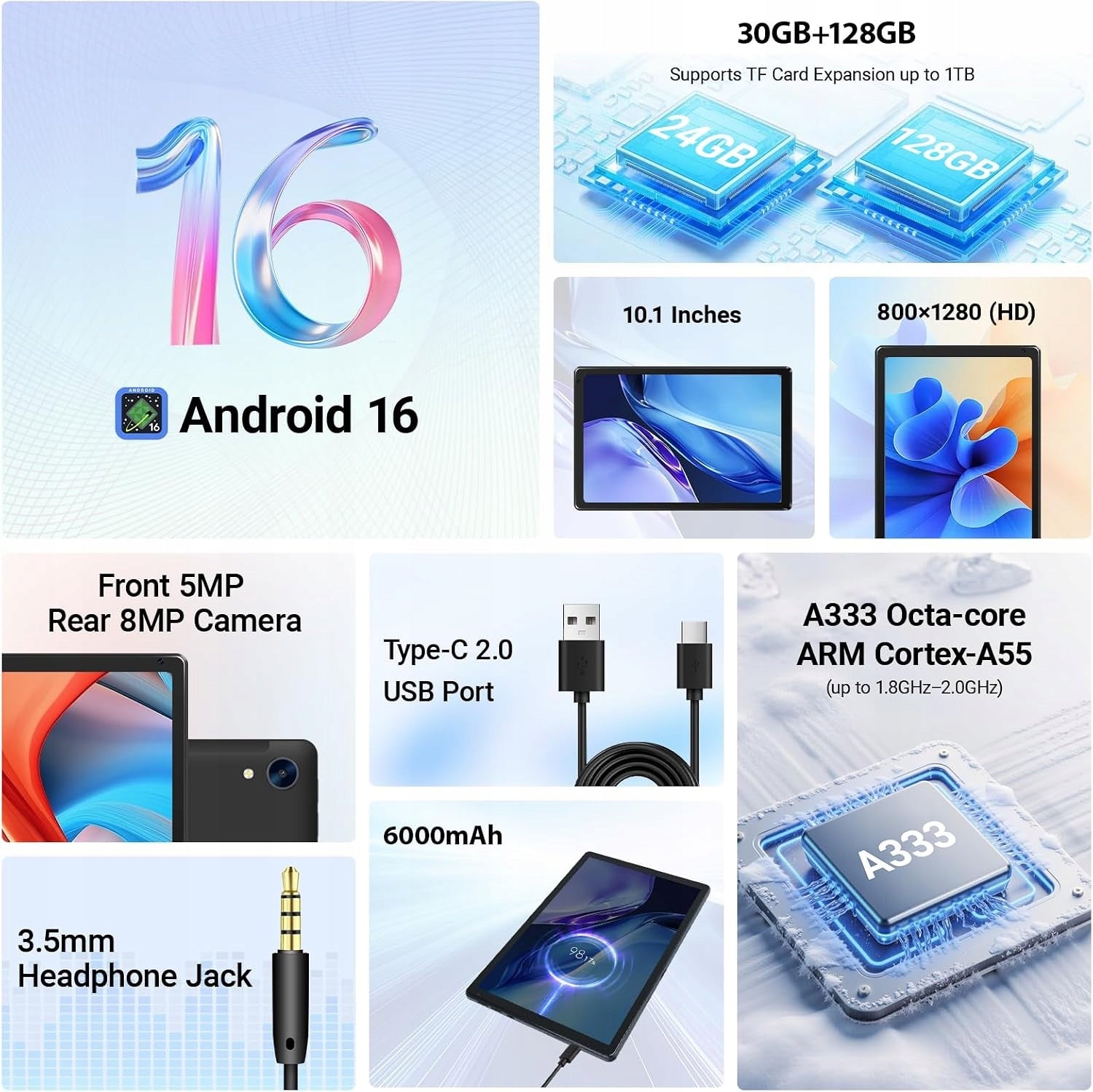 Tablet 10" Android 16 30GB+128GB Octa-Core WiFi 6 Keyboard Black Packaging status original