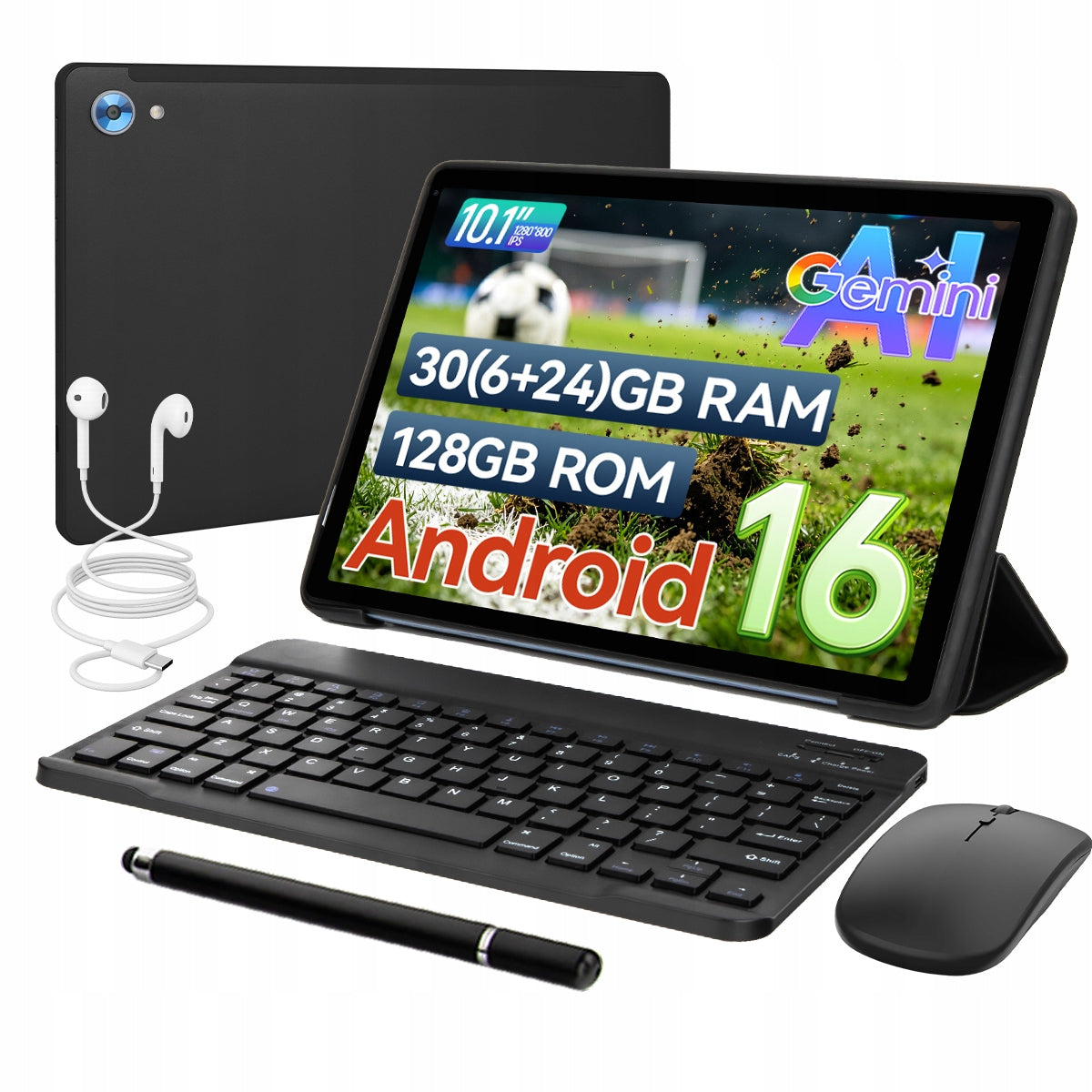 Tablet 10" Android 16 30GB+128GB Octa-Core WiFi 6 Keyboard Black