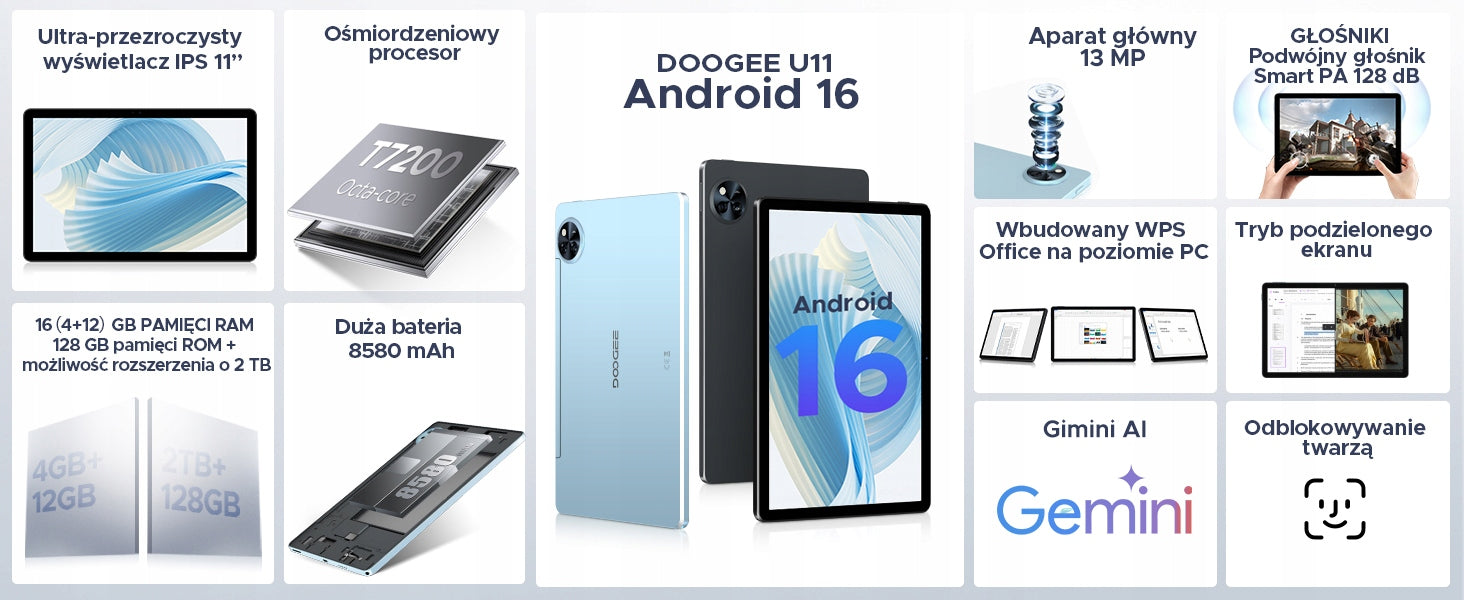 Tablet 11 cali DOOGEE U11 16/128GB 2TB 8580mAh 90HZ/WIFI/OTG/Android 16/GPS Charger included yes