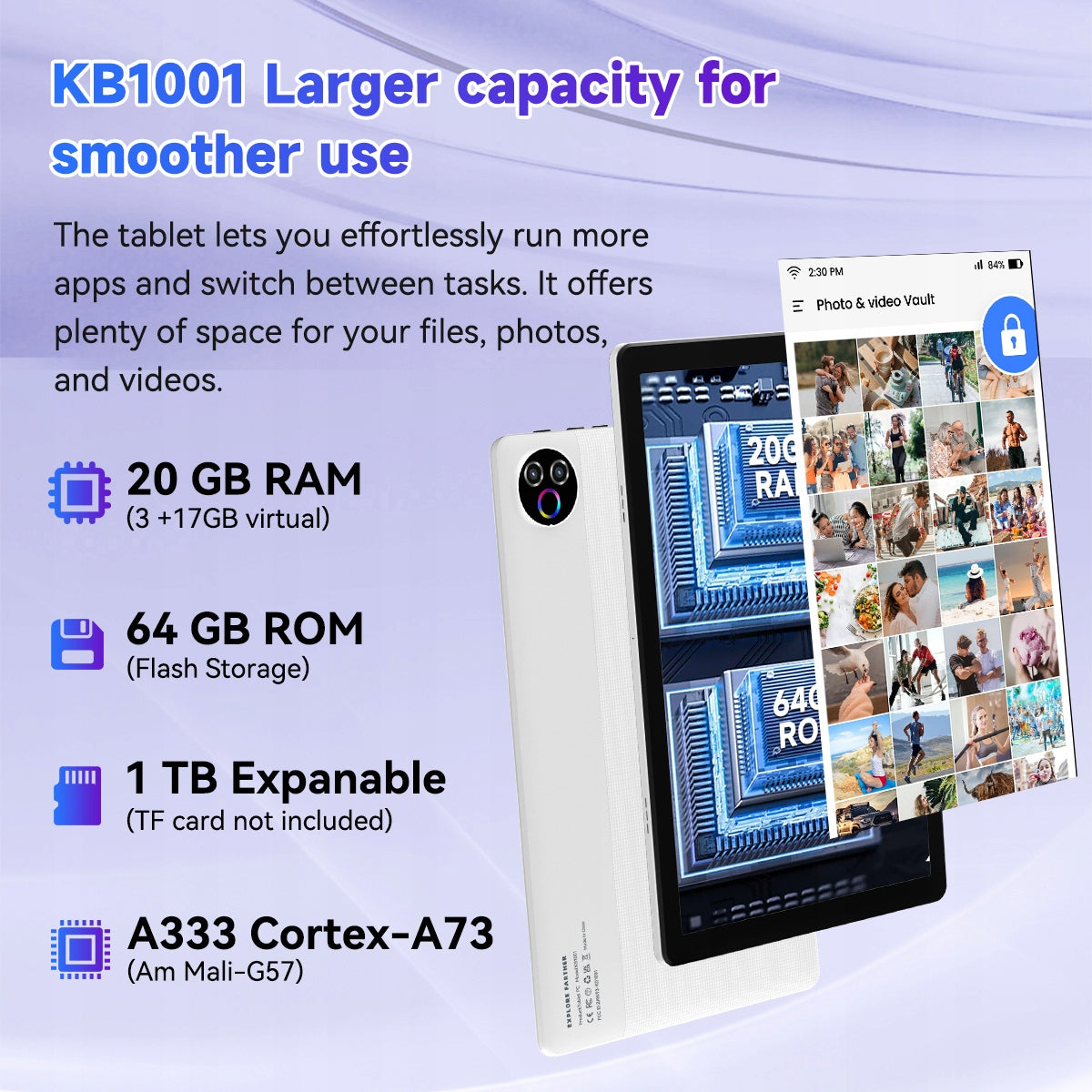 Tablet 20GB RAM+64GB ROM Android 15 10'' 5000mAh HD Display 1280*800 White Operating system version Android 15