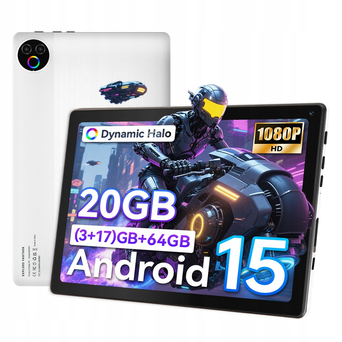Tablet 20GB RAM+64GB ROM Android 15 10'' 5000mAh HD Display 1280*800 White