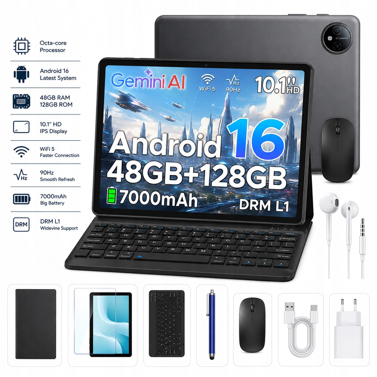 Tablet Aorlym AP10 10,1"48+128GB Android16 7000mAh ZESTAW ETUI MYSZKA WIFI