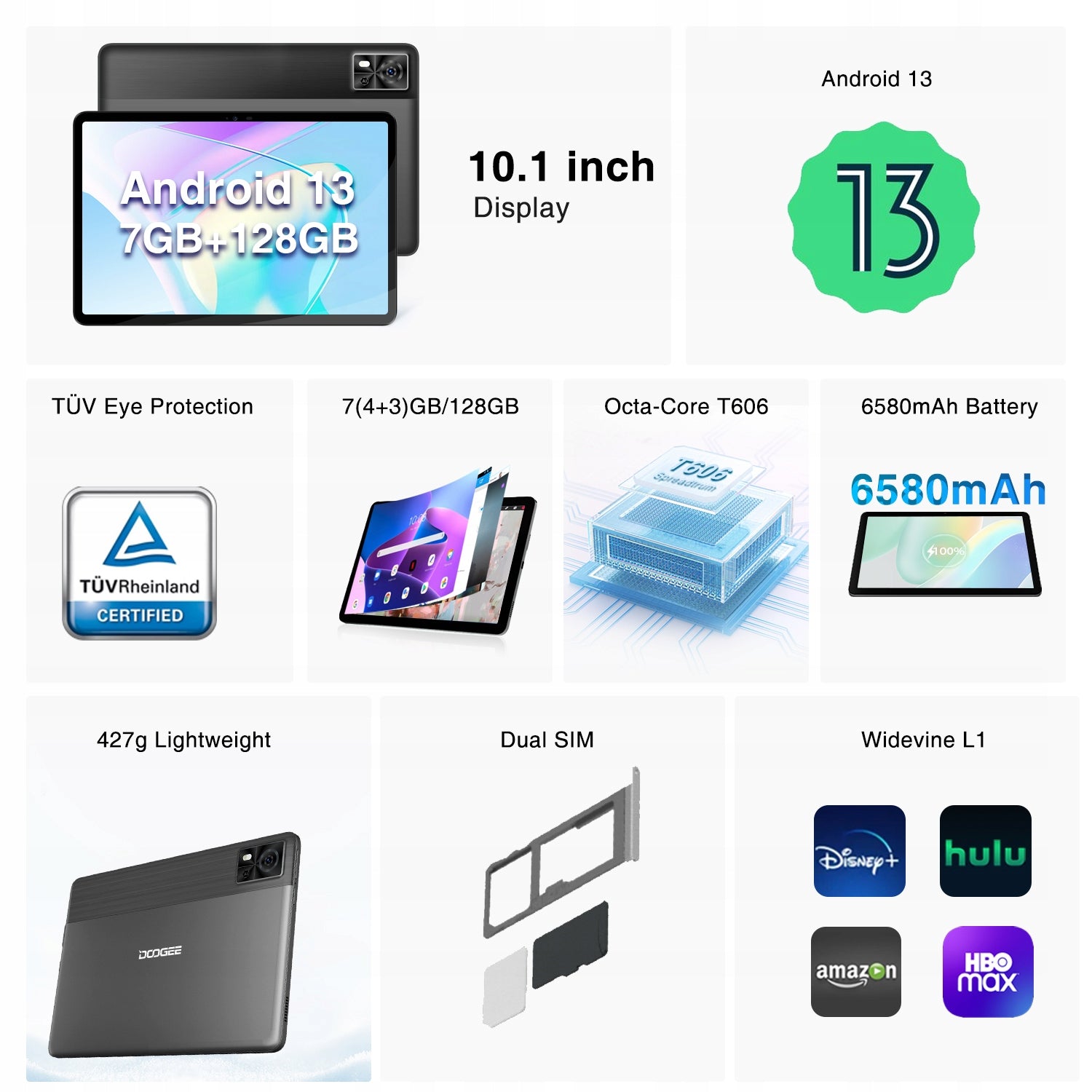 Tablet na kartę SIM DOOGEE T10E 10,1" 9GB/128GB 6580mAh 4G LTE WIFI GPS 1TB Manufacturer code T10E- Black