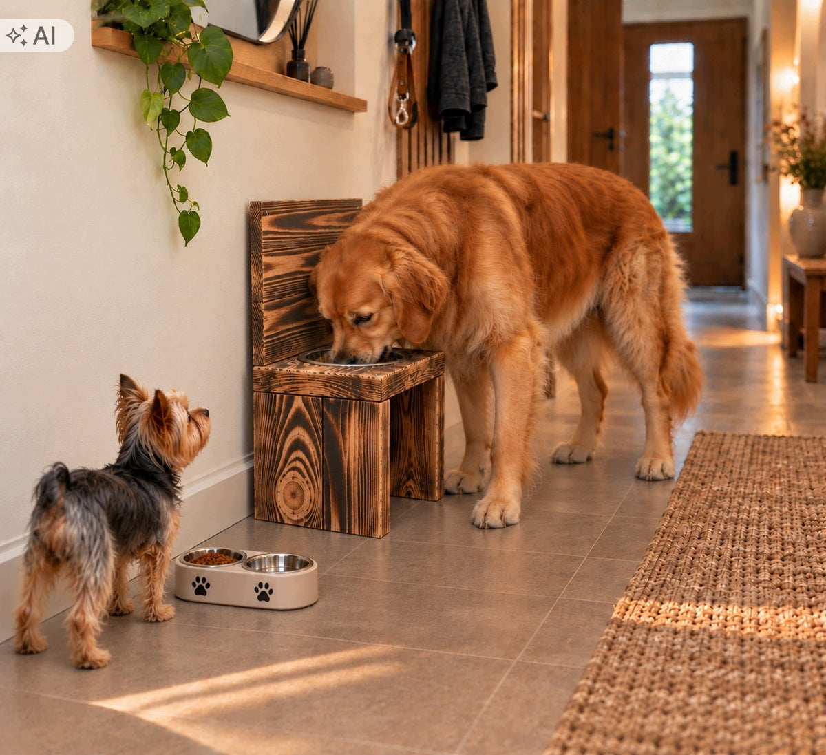 Tall dog bowl stand with cover. Dog buffet made of tanned wood KRONA Packaging status original