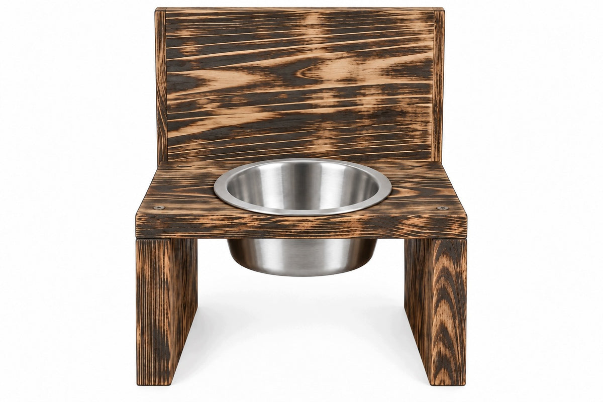 Tall dog bowl stand with cover. Dog buffet made of tanned wood KRONA
