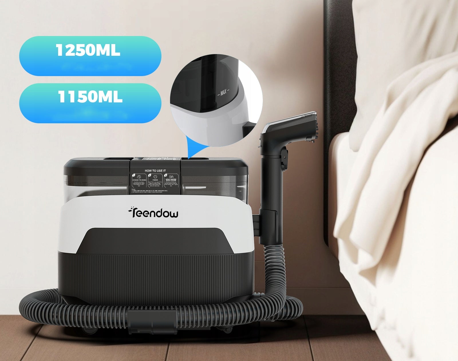 Teendow C6 MAX Steam Carpet Cleaner 12000Pa 1650W 4m Cable 2 Tanks Clean water tank capacity 1.25 l