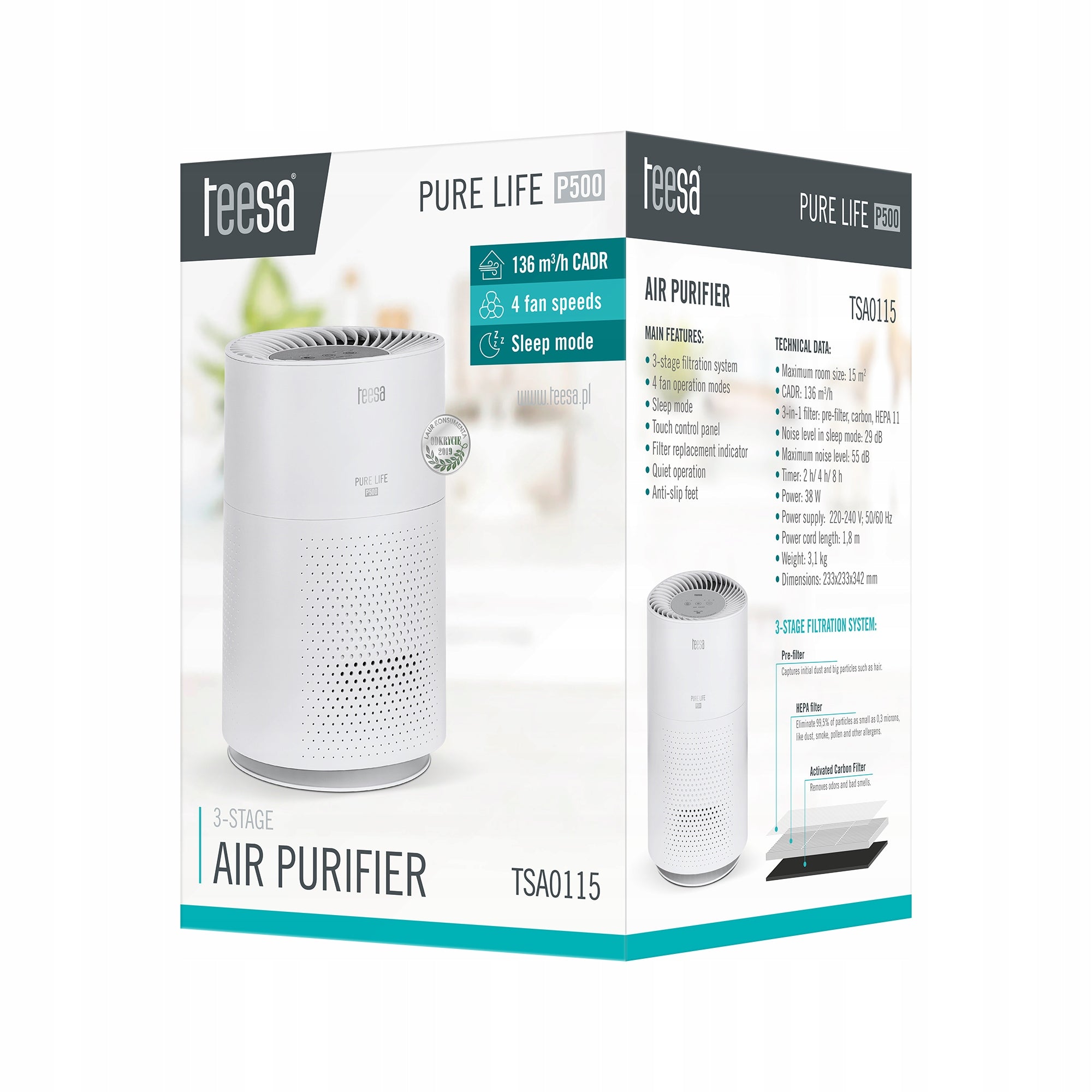 Teesa Pure Life P500 HEPA Air Purifier Maximum efficiency 136 m³/h