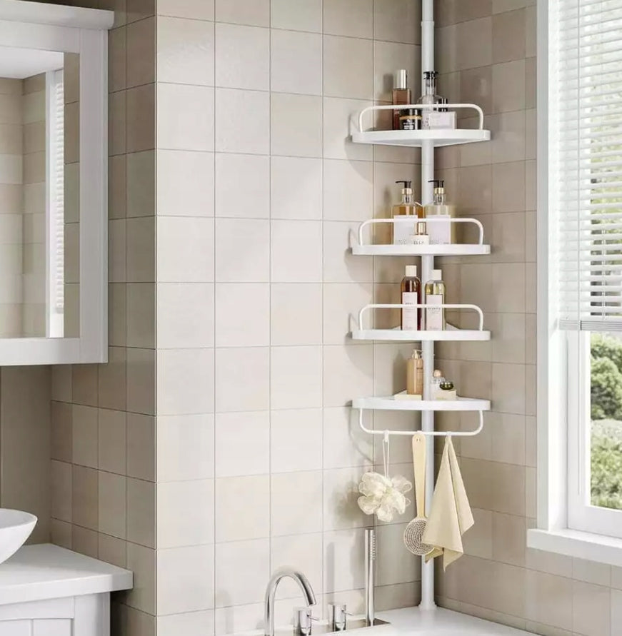 Telescopic bathroom corner shelf 85 to 305 cm without drilling