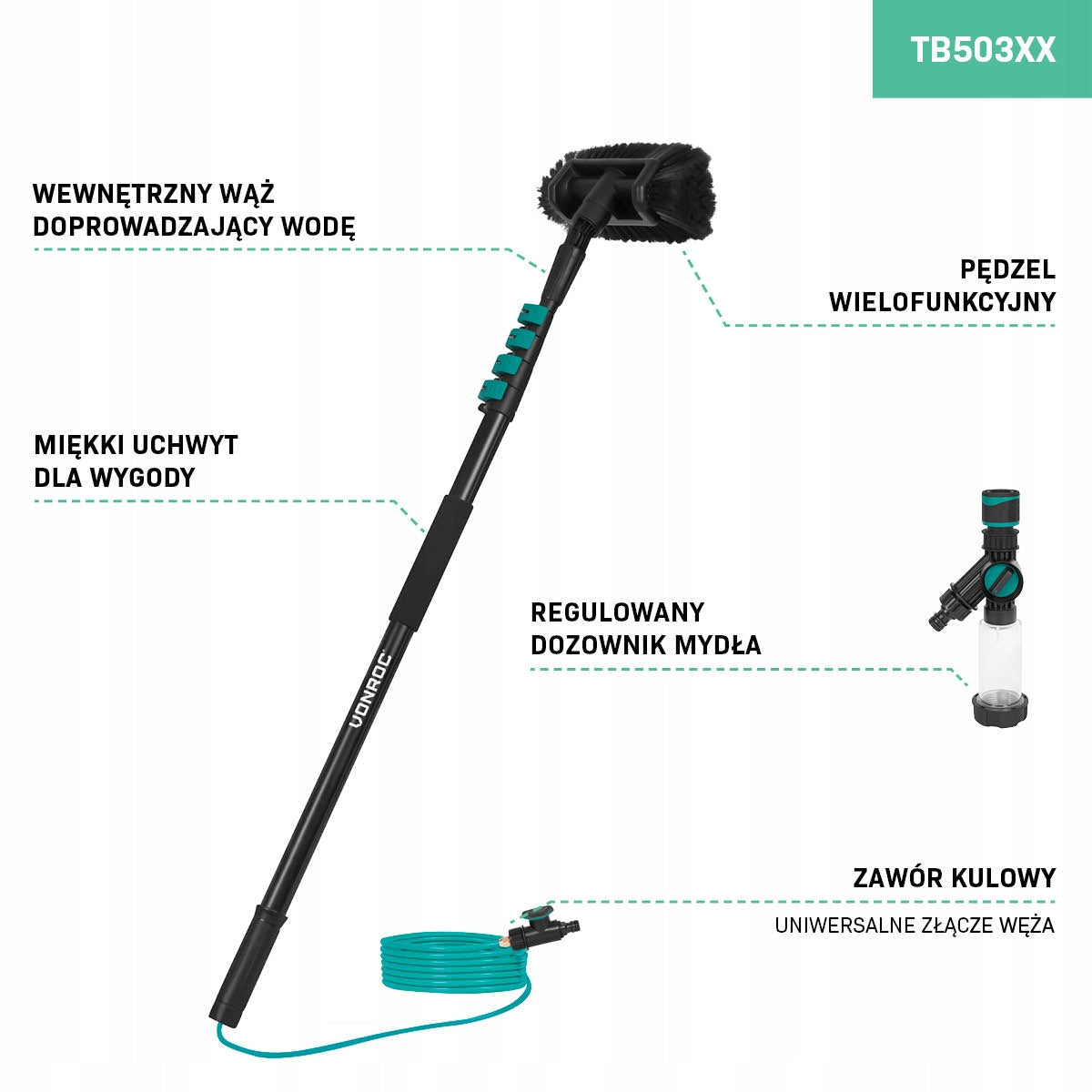 Telescopic brush 4,6 m – with hose, dispenser and brush Manufacturer code TB503XX