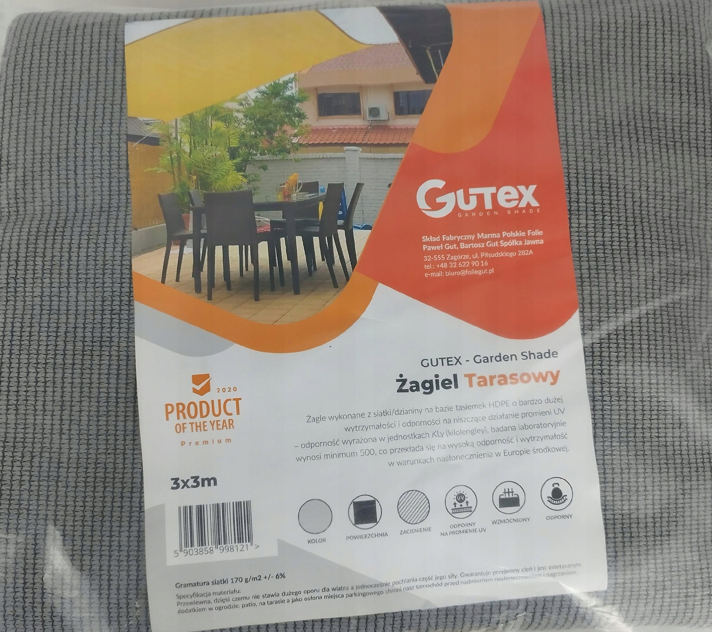 Terrace Sail Gutex HDPE 3mx3m terrace shading net grey 170g/m2 Packaging status original