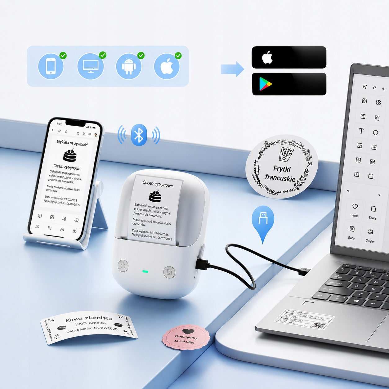 Thermal printer of self-adhesive labels B2 Niimbot 203 DPI Bluetooth USB Manufacturer code PNN-018