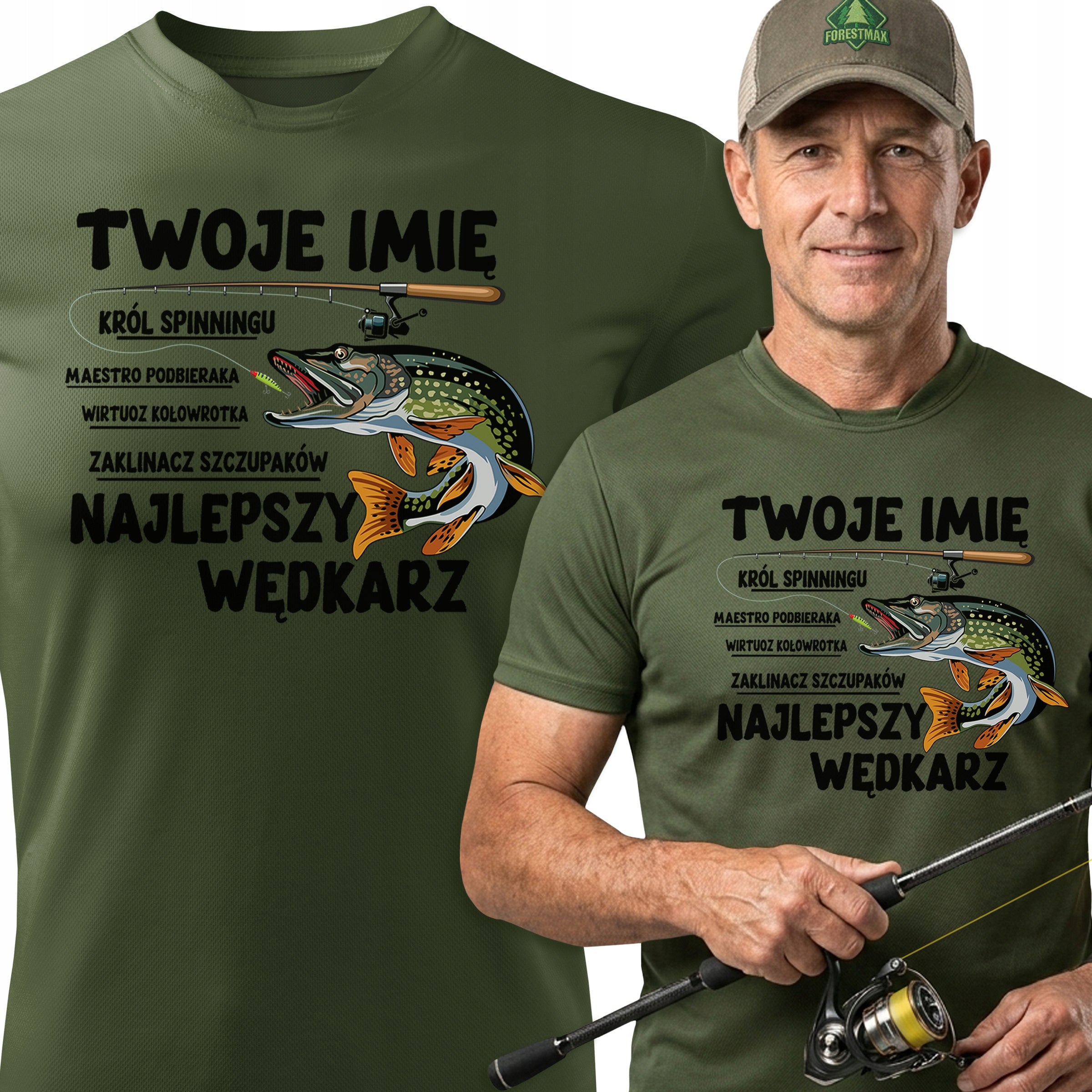 Thermoactive khaki t-shirt for Fisherman NAME + print BEST ANGLER