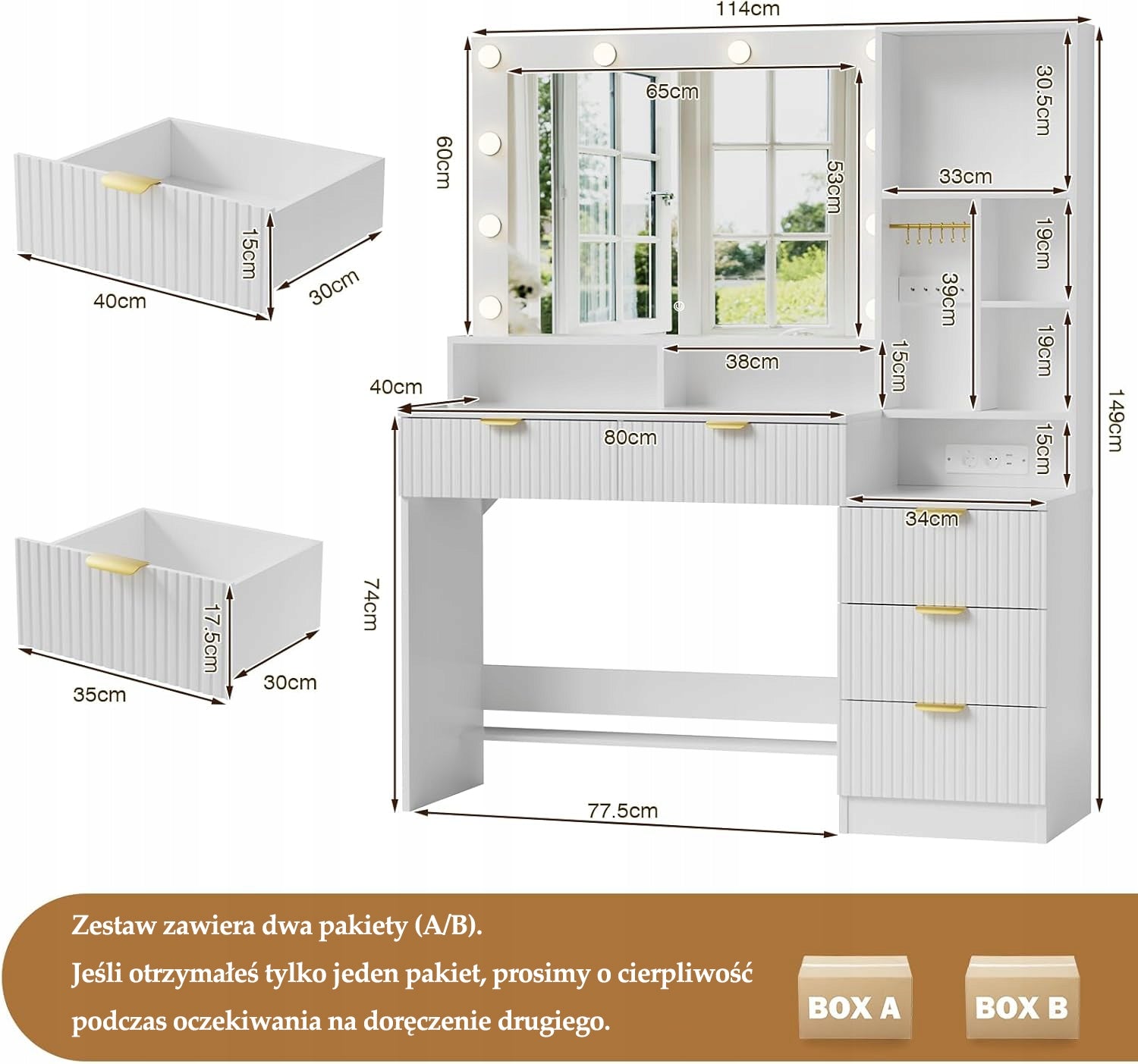 Toaletka Kosmetyczna Ryflowana z Lustrem, LED i Gniazdkami 114x40x149cm Furniture color white