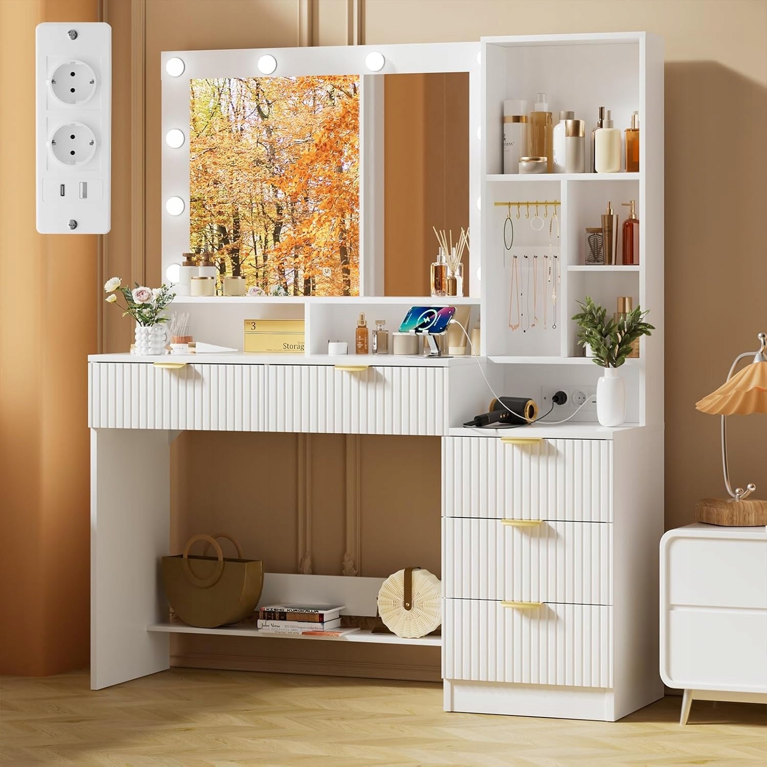 Toaletka Kosmetyczna Ryflowana z Lustrem, LED i Gniazdkami 114x40x149cm Packaging status original