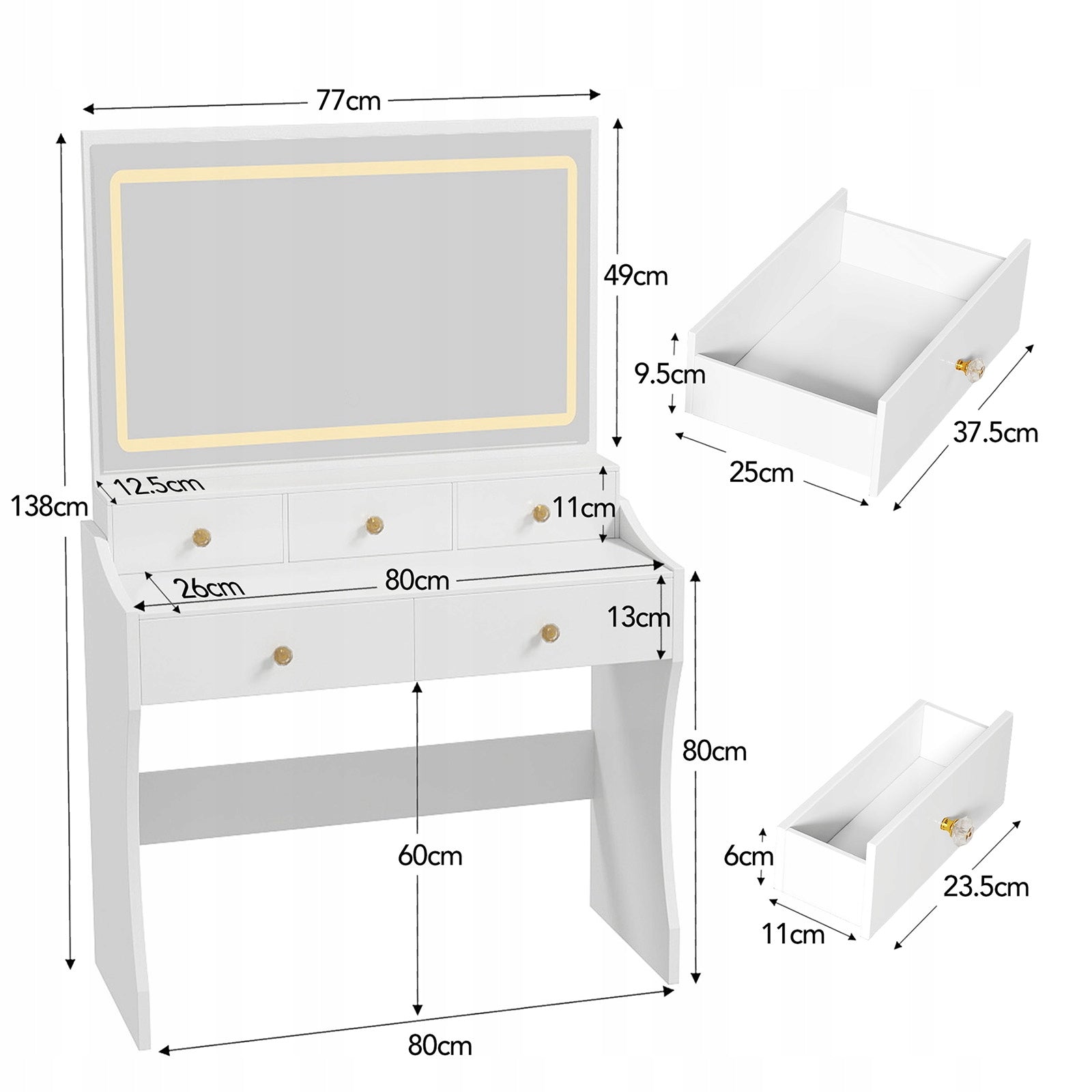 Toaletka, Regulacja Światła LED 3-stopnie z Gniazdo Elektryczne, Biała Furniture depth 40 cm