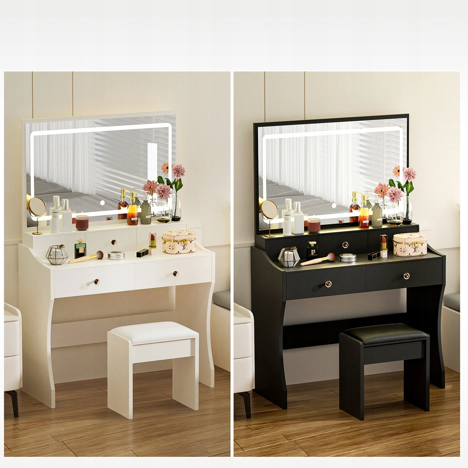 Toaletka, Regulacja Światła LED 3-stopnie z Gniazdo Elektryczne, Biała Furniture width 80 cm