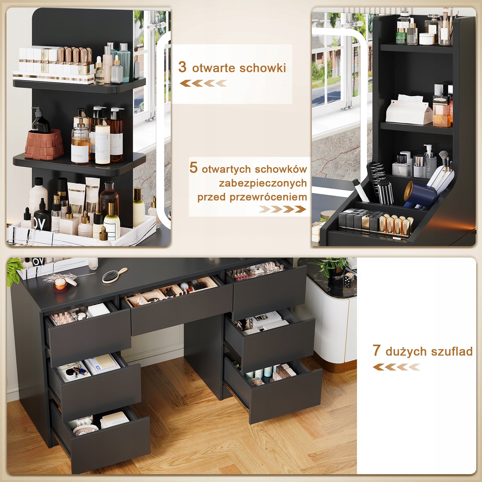 Toaletka kosmetyczna czarna z lustrem LED, z 7 szufladami, 139 x110x 40 cm Brand HOMALL