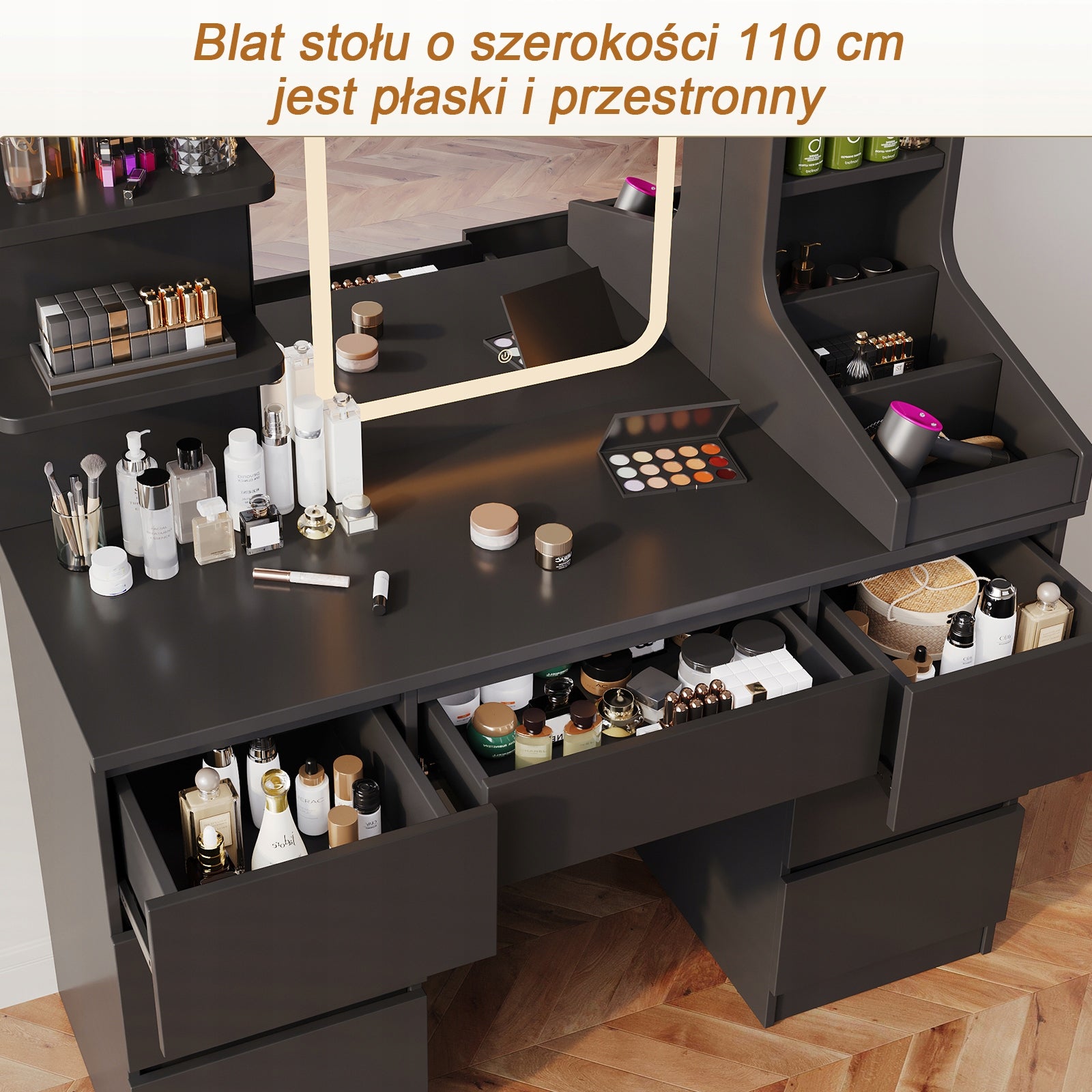 Toaletka kosmetyczna czarna z lustrem LED, z 7 szufladami, 139 x110x 40 cm Furniture depth 40 cm
