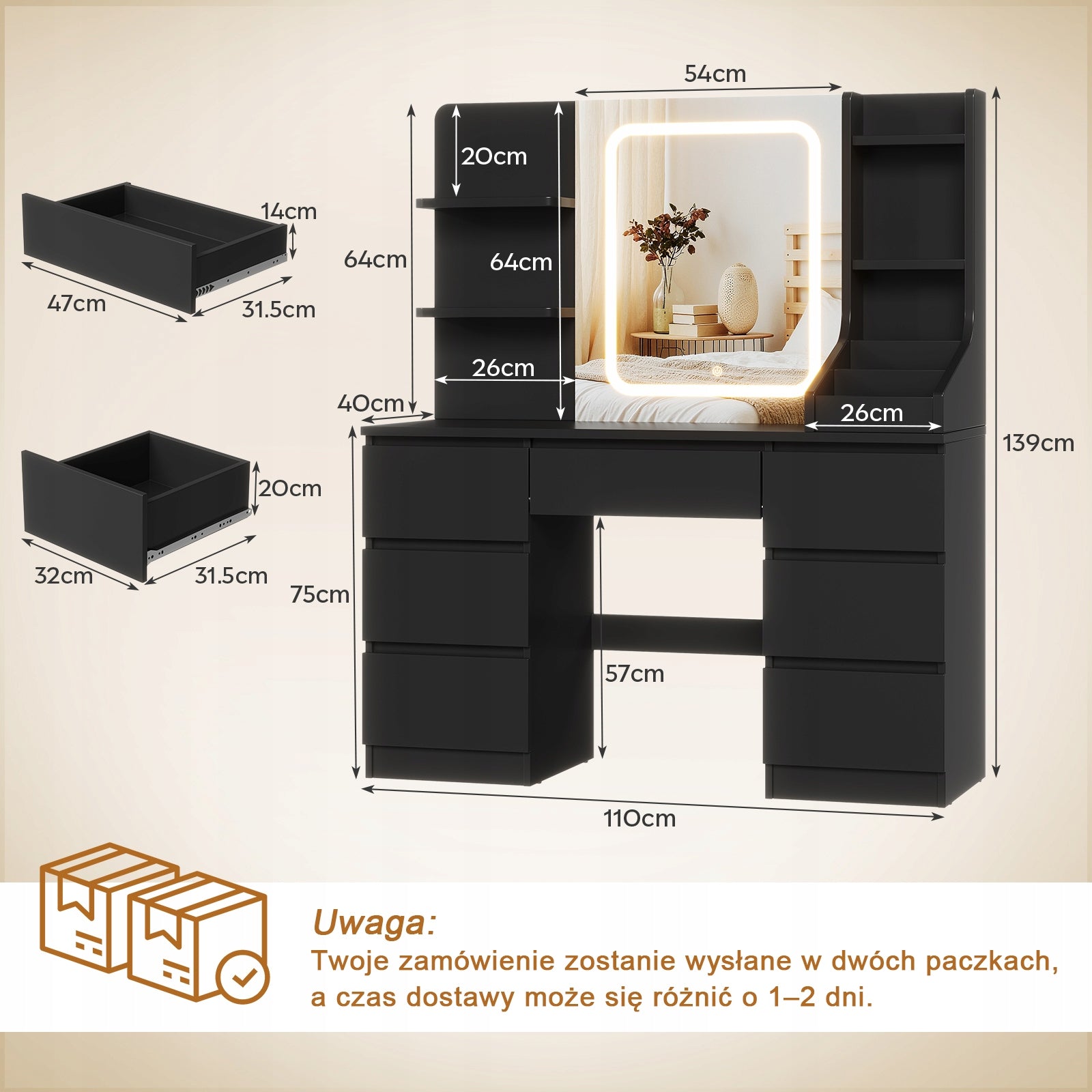 Toaletka kosmetyczna czarna z lustrem LED, z 7 szufladami, 139 x110x 40 cm Furniture height 137 cm
