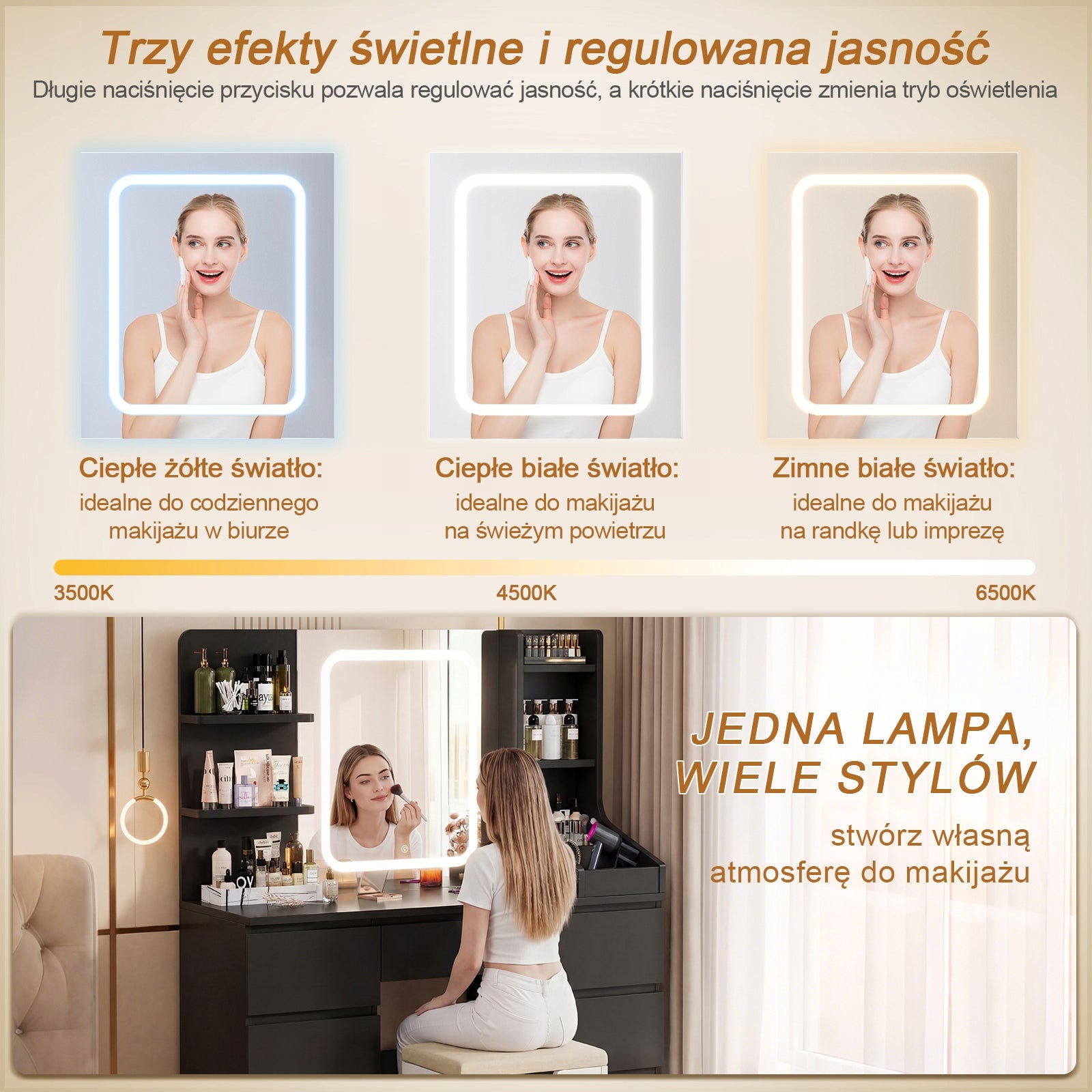 Toaletka kosmetyczna czarna z lustrem LED, z 7 szufladami, 139 x110x 40 cm Furniture width 110 cm