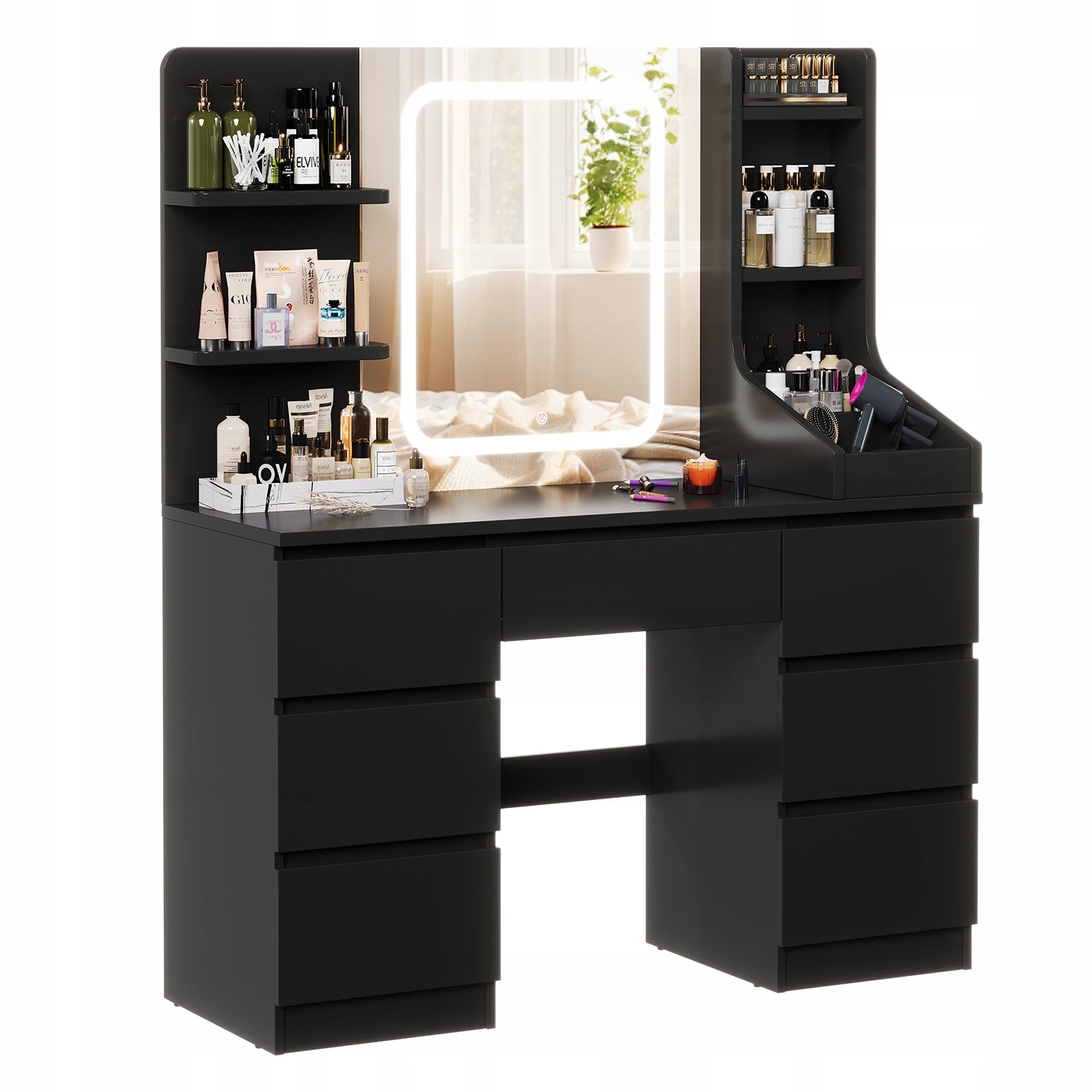 Toaletka kosmetyczna czarna z lustrem LED, z 7 szufladami, 139 x110x 40 cm