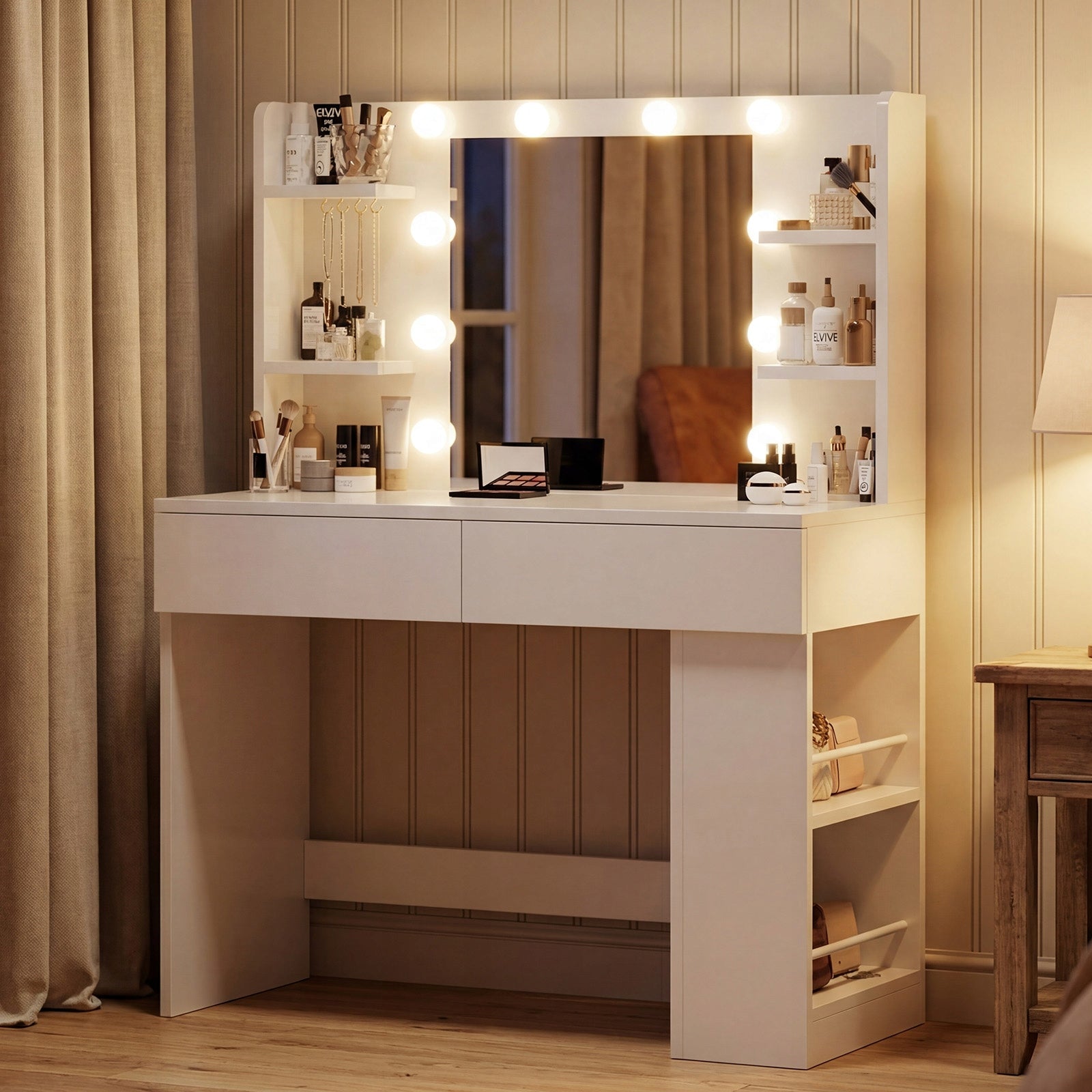 Toaletka kosmetyczna z lustrem LED biała 88 cm, lustro, szuflady USB Brand HOMALL