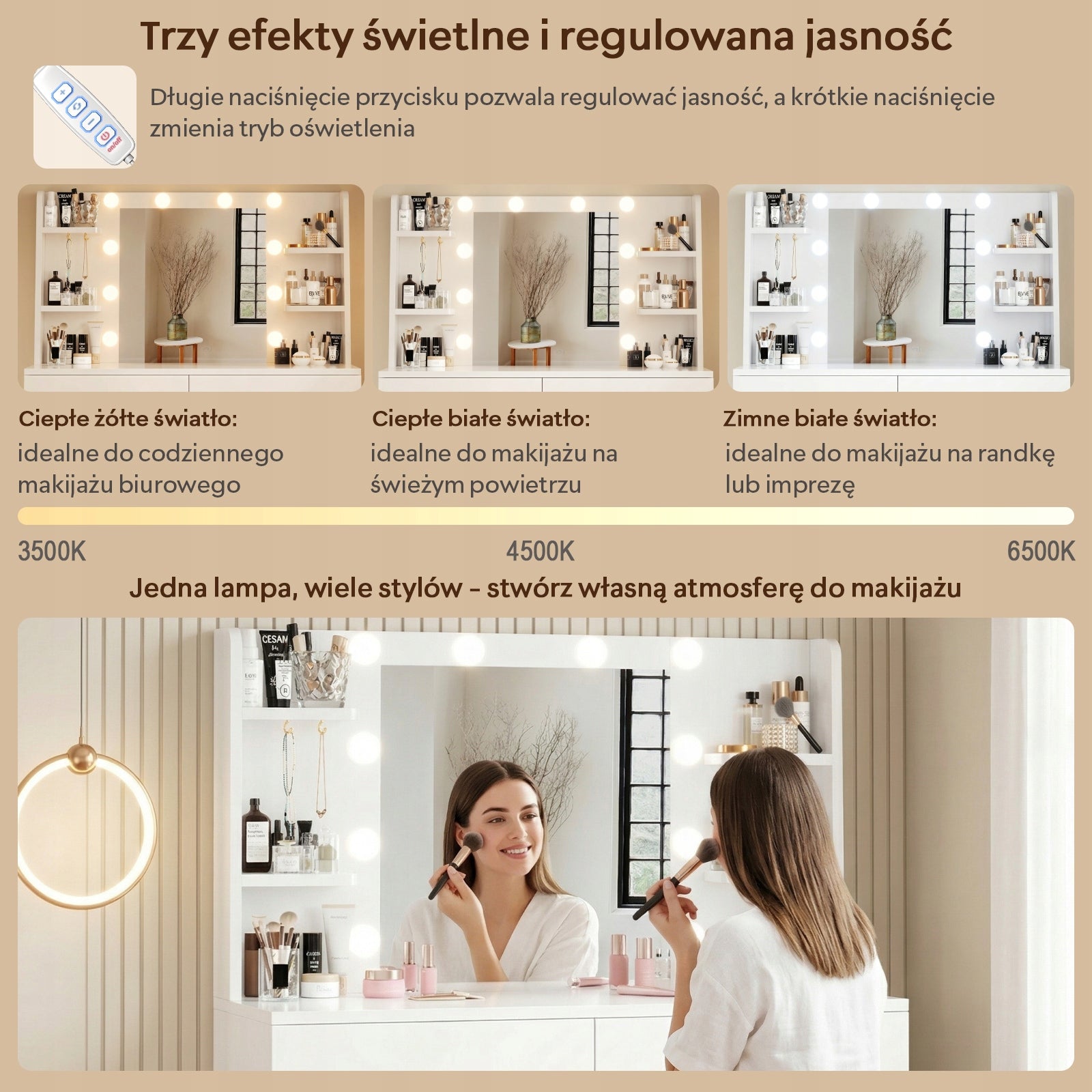 Toaletka kosmetyczna z lustrem LED biała 88 cm, lustro, szuflady USB Furniture color white