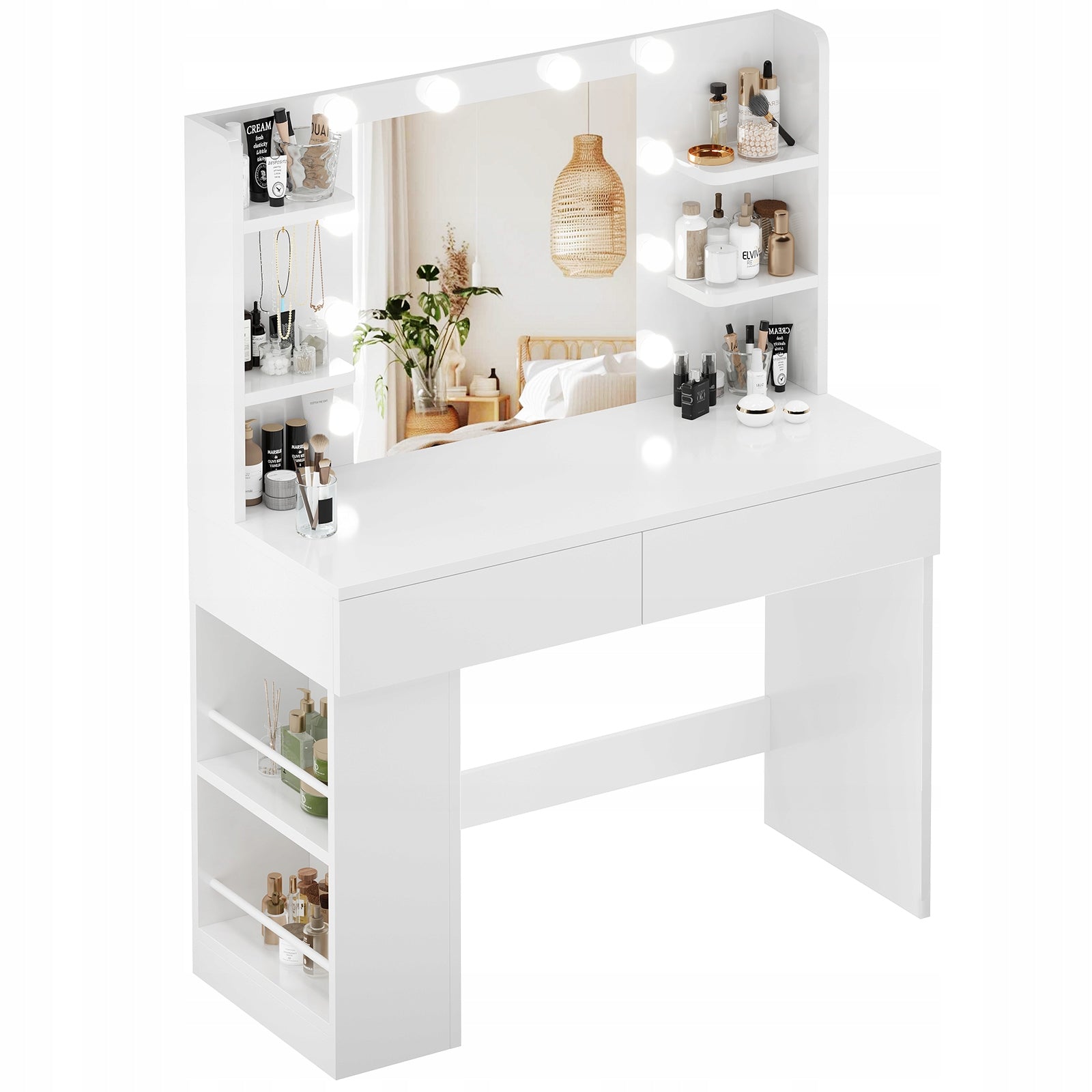 Toaletka kosmetyczna z lustrem LED biała 88 cm, lustro, szuflady USB