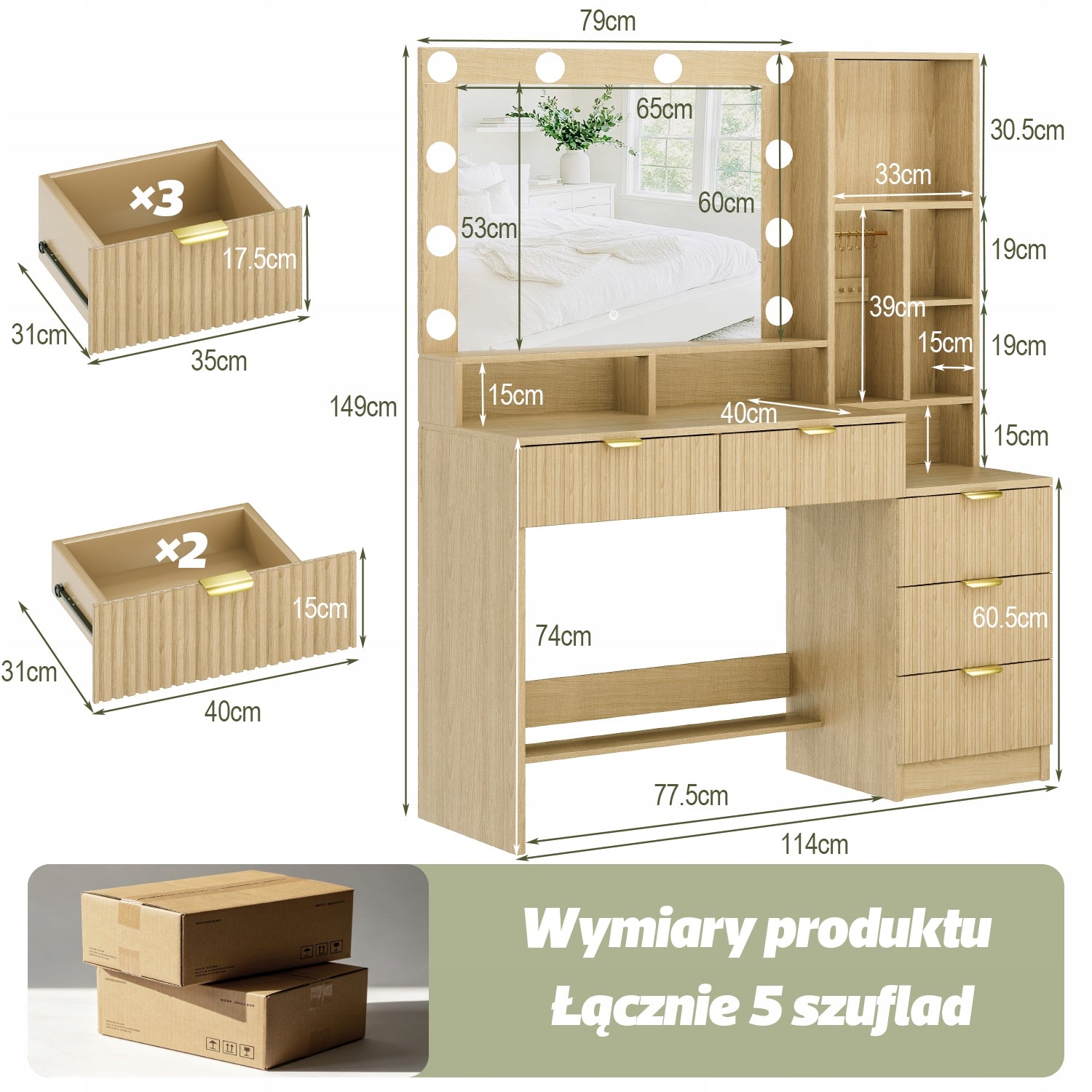 Toaletka kosmetyczna z lustrem LED, gniazdkiem,szufladami, dąb 114x40x149cm Furniture depth 114 cm
