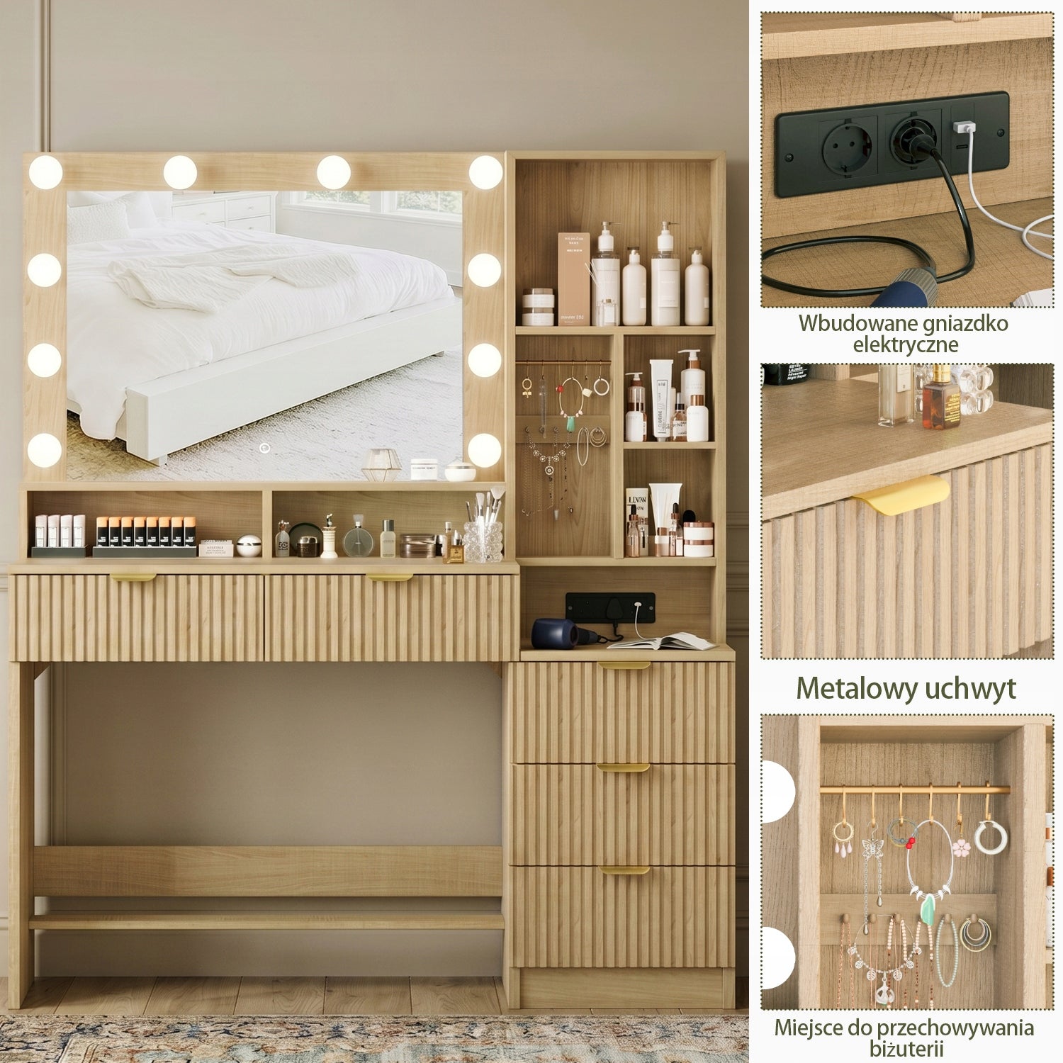 Toaletka kosmetyczna z lustrem LED, gniazdkiem,szufladami, dąb 114x40x149cm Manufacturer code G-VN25-0924-BG-1,G-VN25-0924-BG-2
