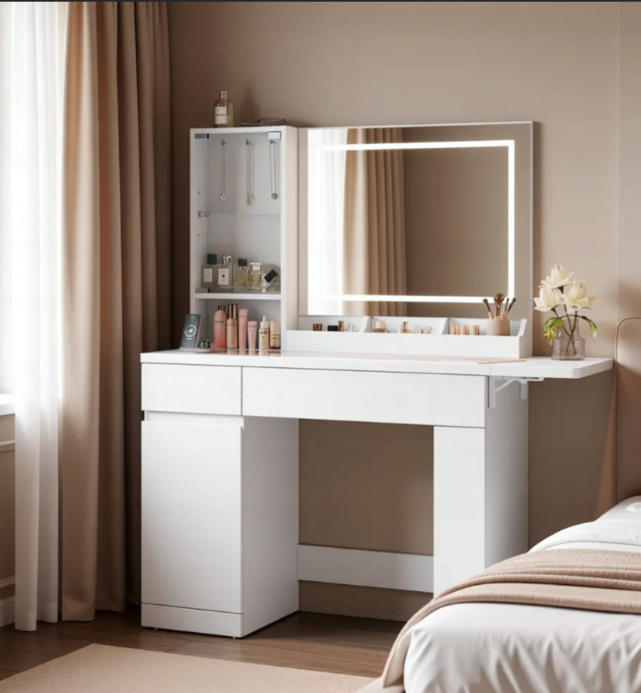 Toaletka z lustrem LED – biała 115 cm z gniazdkiem Furniture width 115 cm