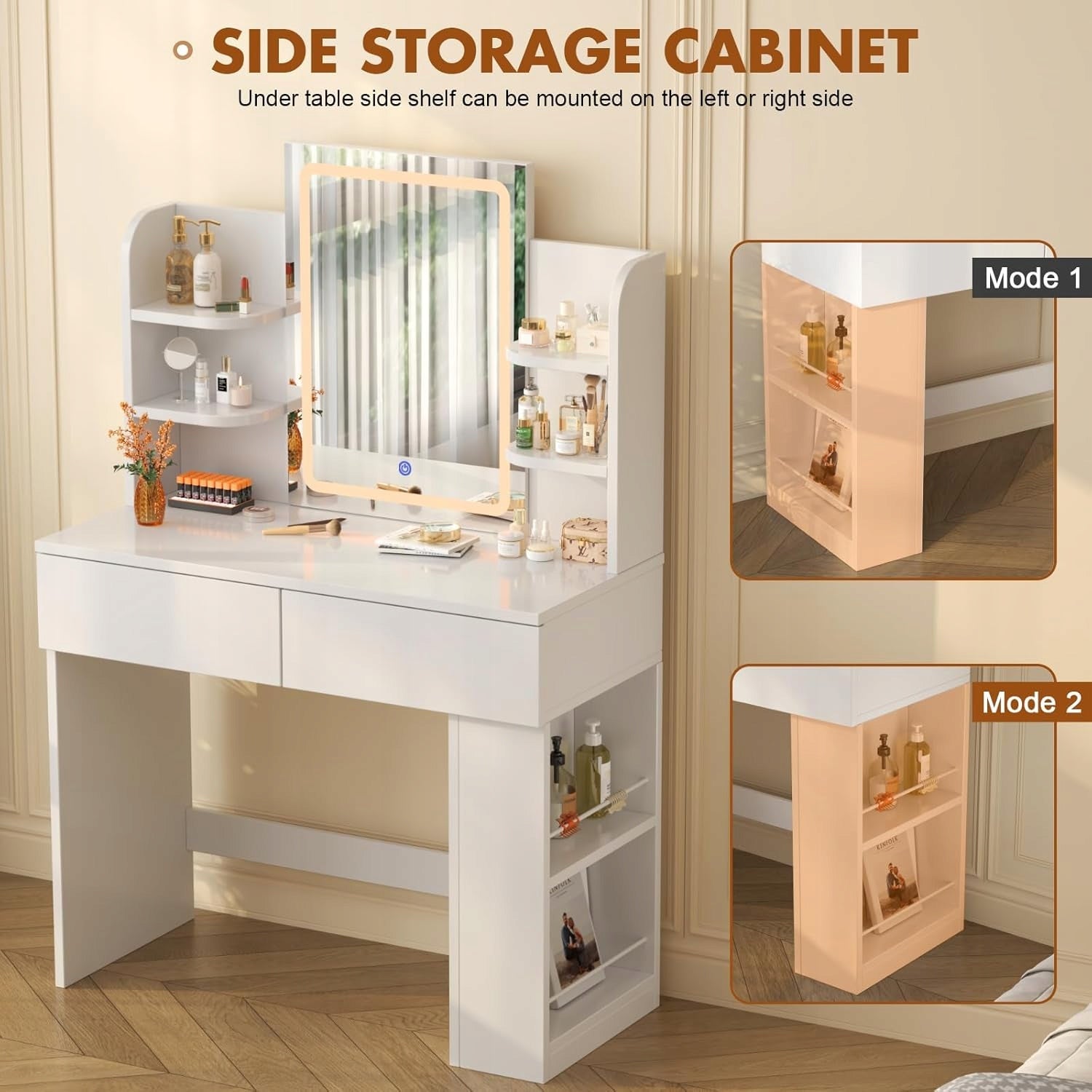 Toaletka z lustrem z oświetleniem LED, wyposażona w szuflady i półki40x90cm Furniture color white