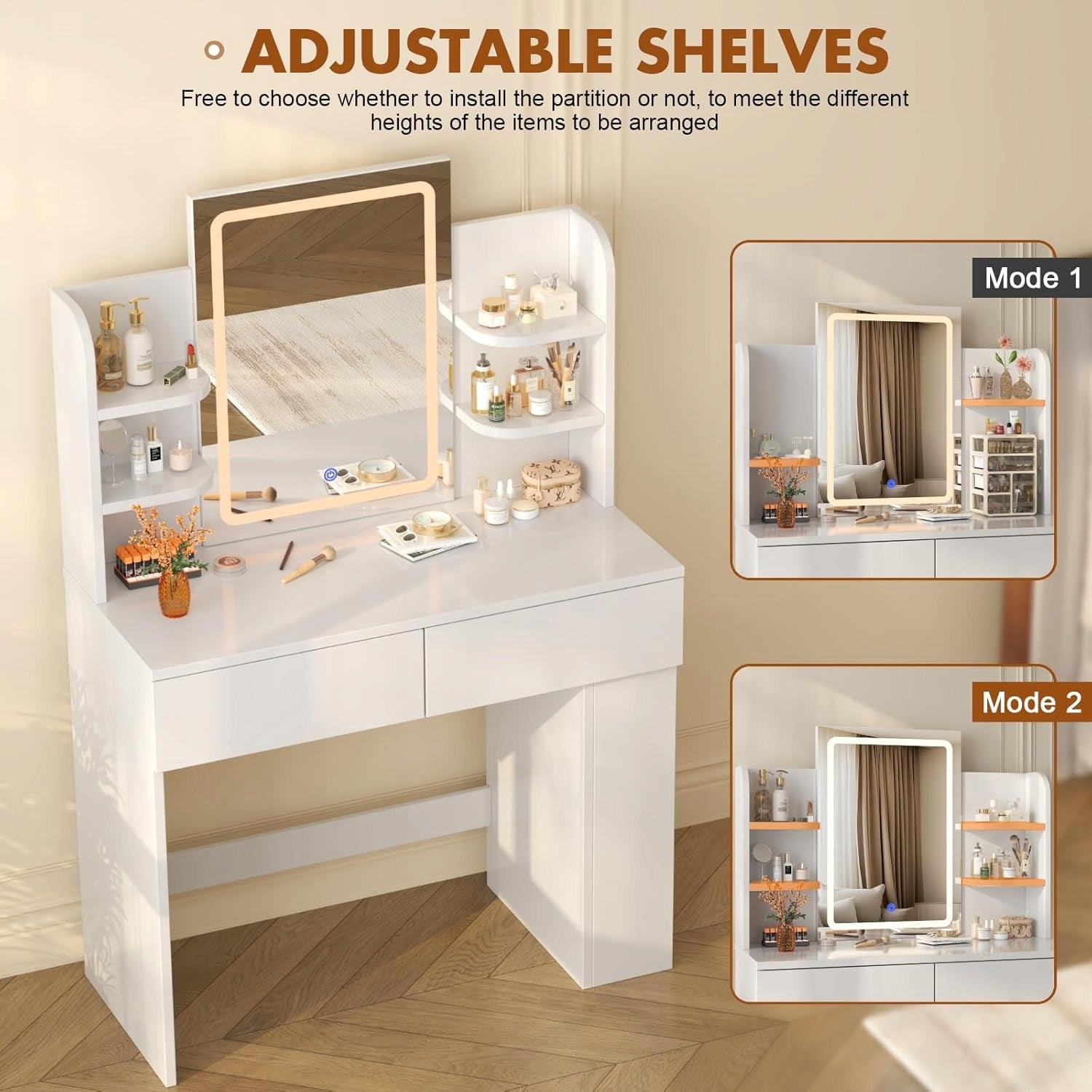 Toaletka z lustrem z oświetleniem LED, wyposażona w szuflady i półki40x90cm Furniture height 135 cm