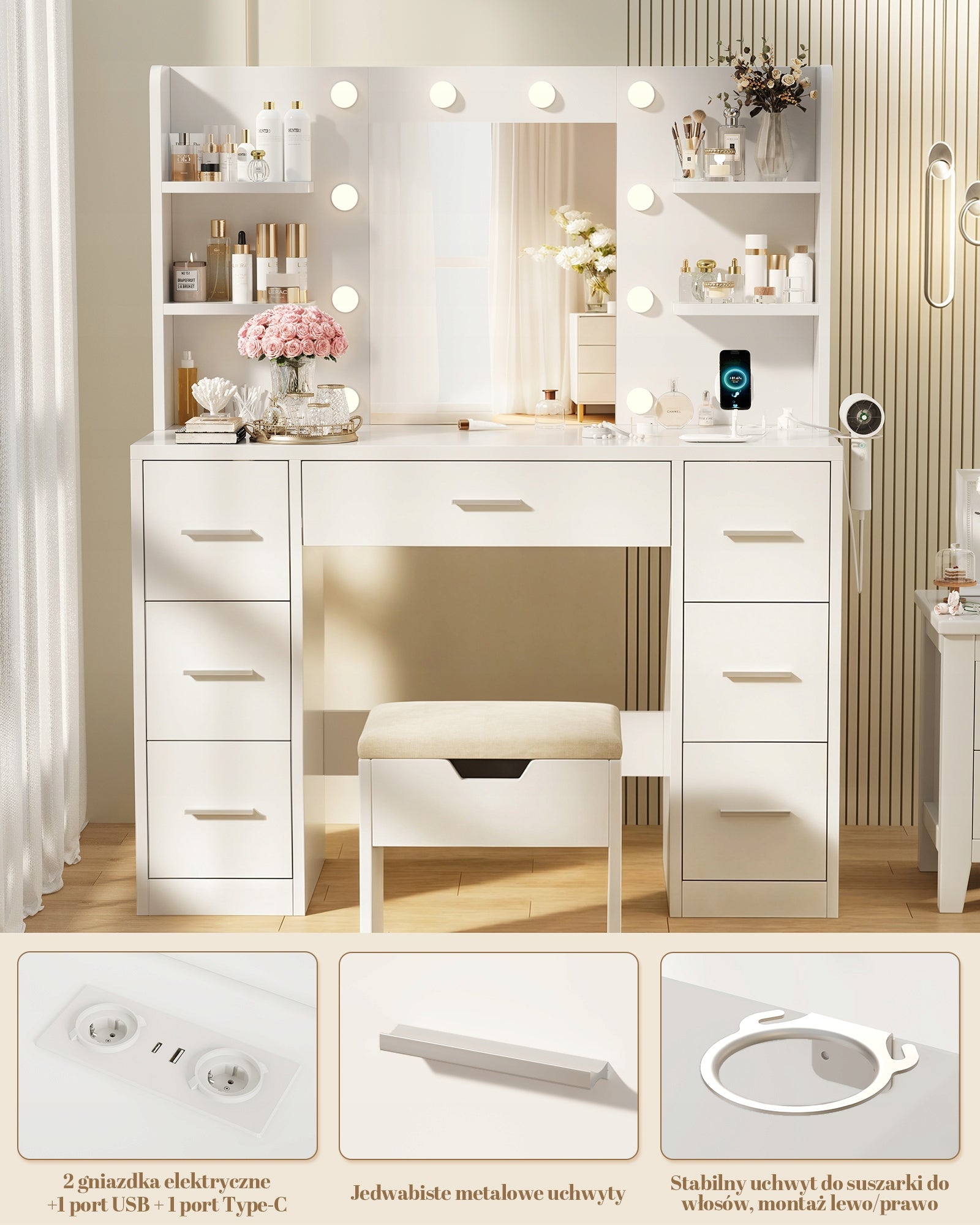 Toaletki z Portami USB, Uchwytem Na Suszarkę i Diodami LED– Praktyczny Furniture depth 40 cm