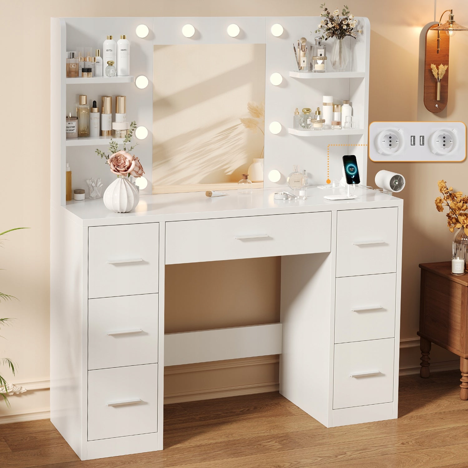 Toaletki z Portami USB, Uchwytem Na Suszarkę i Diodami LED– Praktyczny Furniture height 137 cm