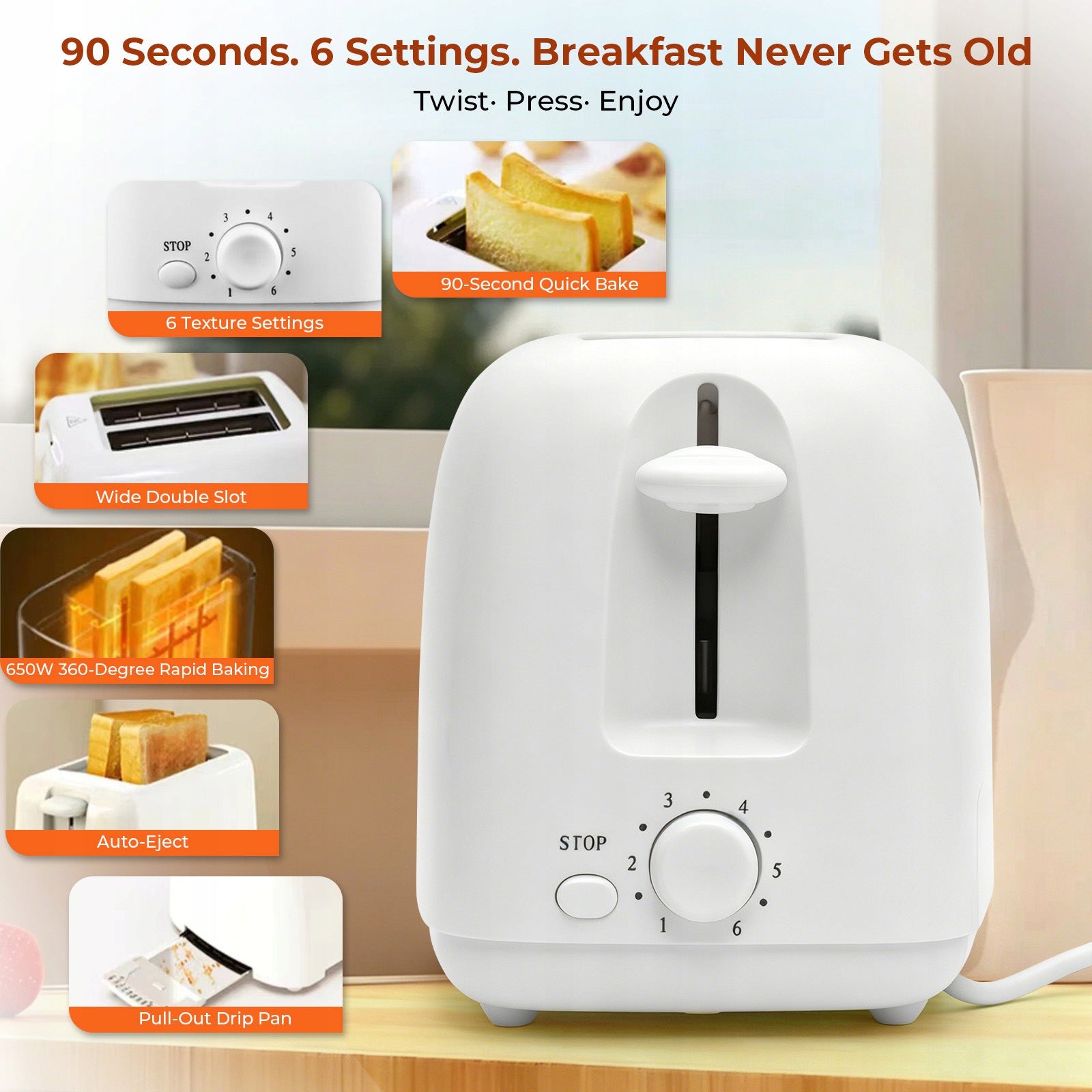 Toaster 2-slice 900W White – 6 browning levels for bagels, toast, bread Packaging status original
