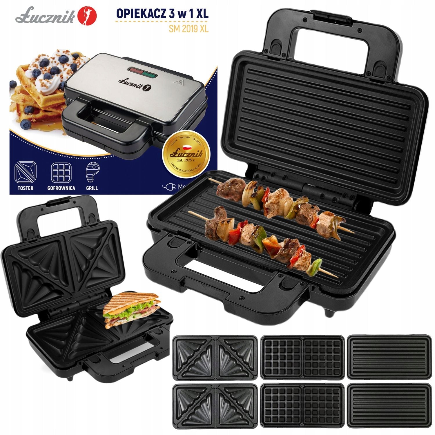 Toaster 3in1 grill toaster waffle iron 3 interchangeable plates lock Łucznik 1000W
