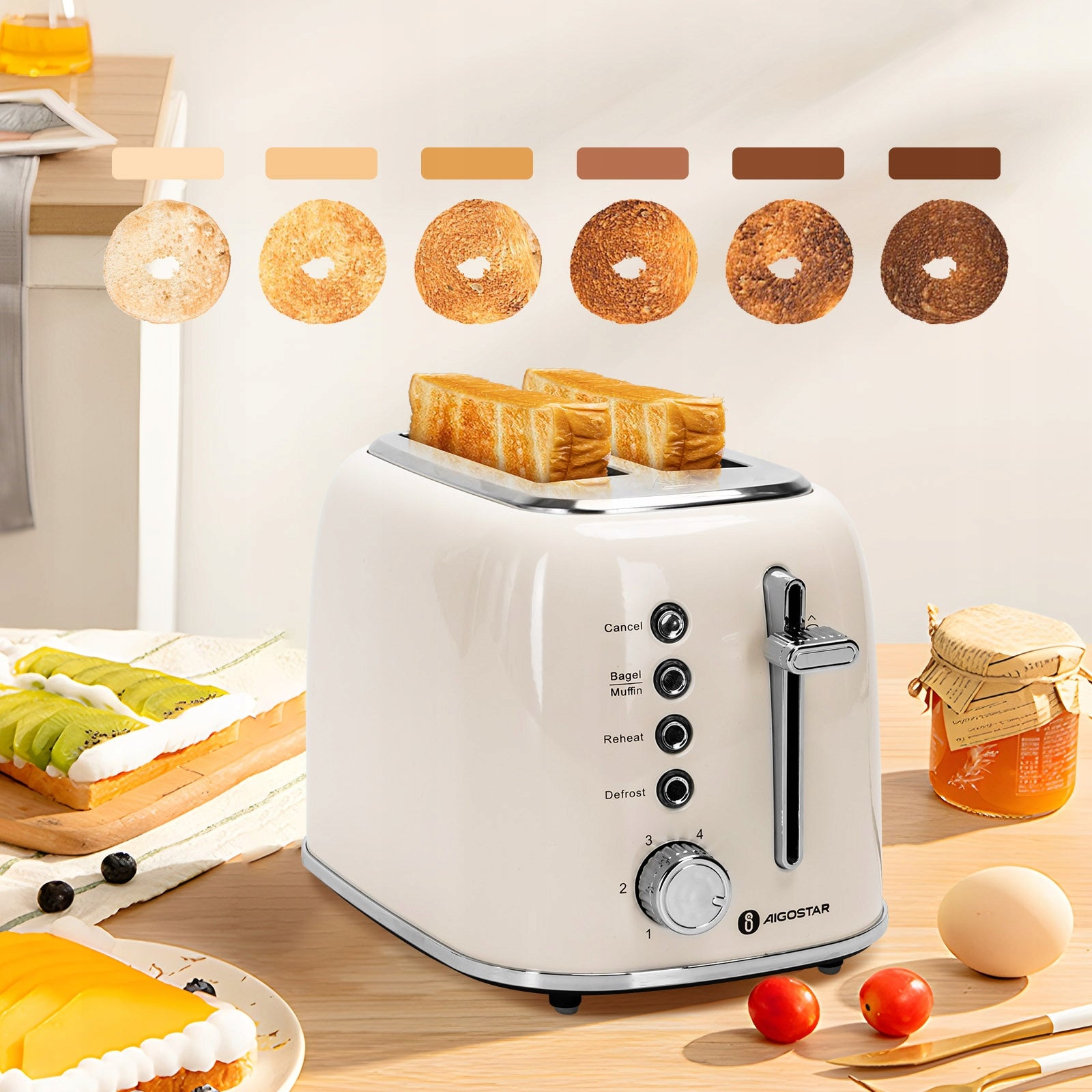 Toaster 800 W Aigostar Defrosting 6 levels of toasting 2 slices Beige Power rating 800 W
