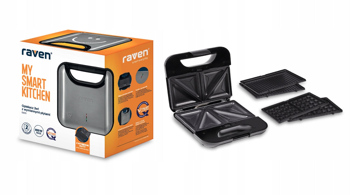 Toaster Sandwich Grill Waffle 3in1 RAVEN ES010 800W triangles squares Power rating 800 W