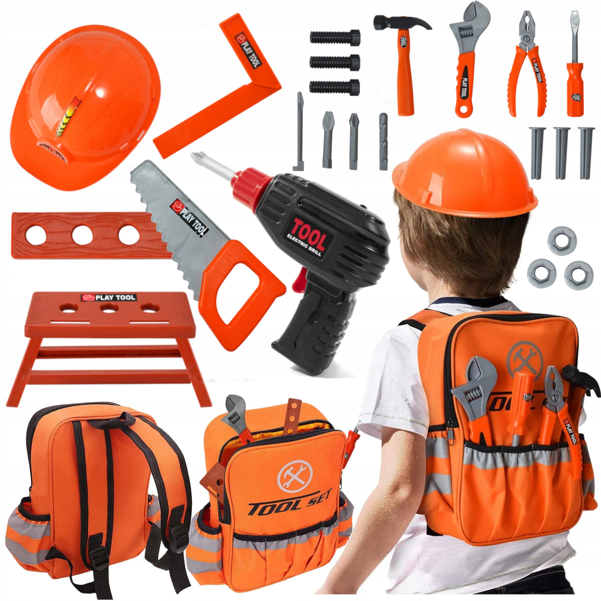 Tool set in backpack WORKSHOP TOOLS BACKPACK HELMET DRILL SAW