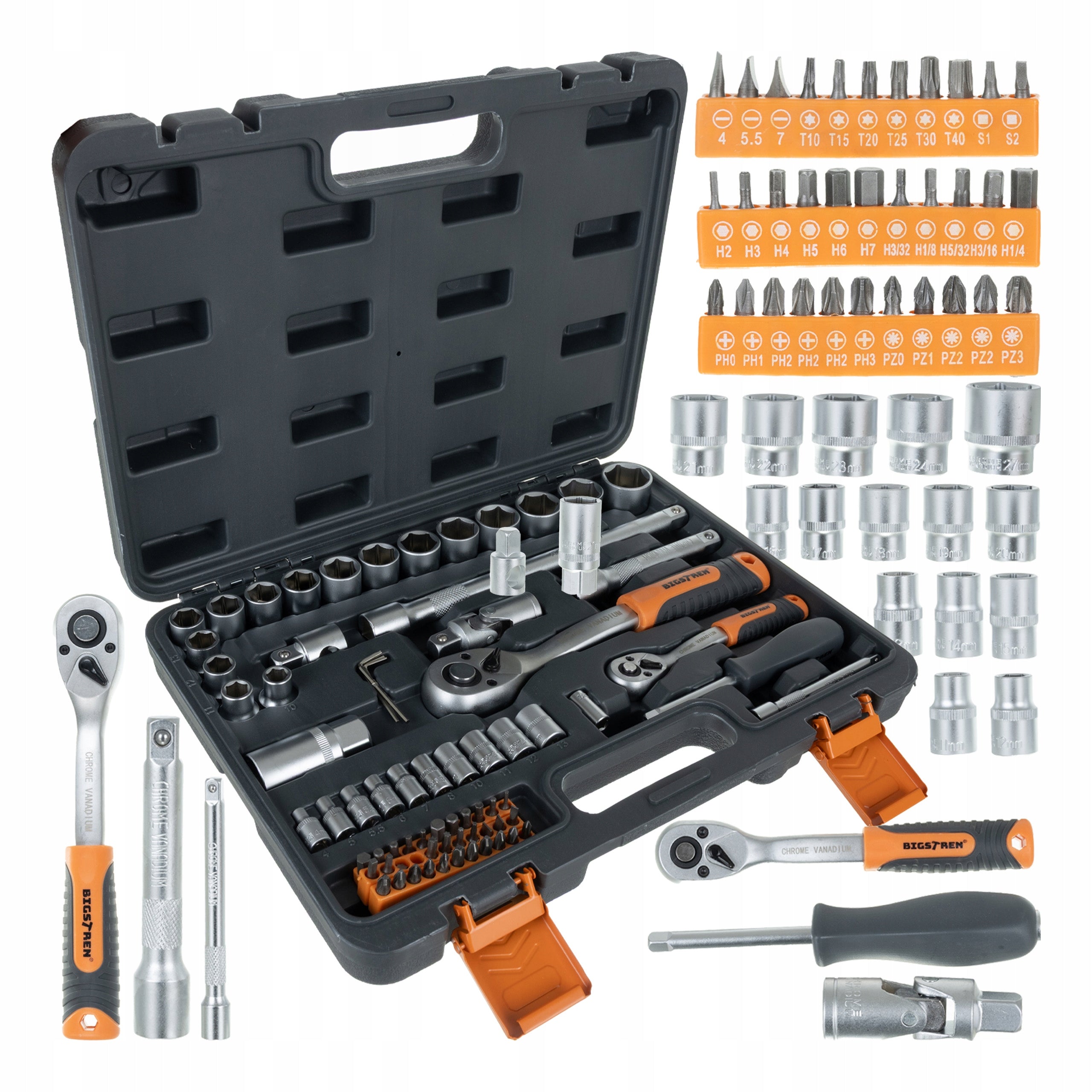 Tool set socket wrenches 1/2 1/4 ratchet 72el suitcase BIGSTREN