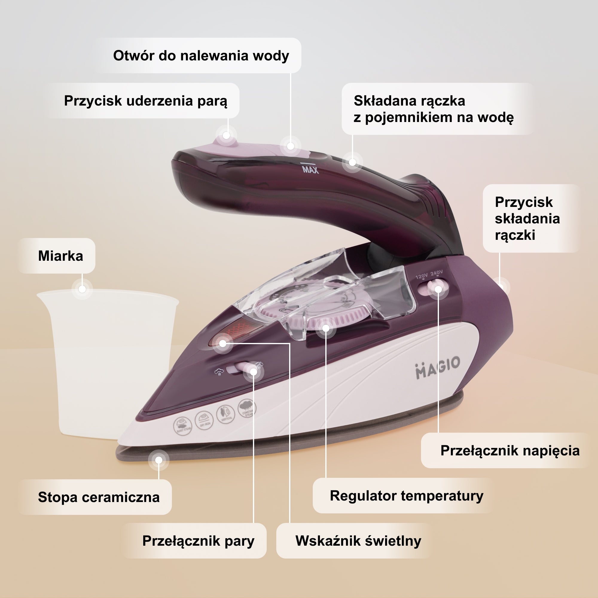 Tourist iron MAGIO 1100W, steam, foldable,120-240V, ceramic, mini Brand MAGIO