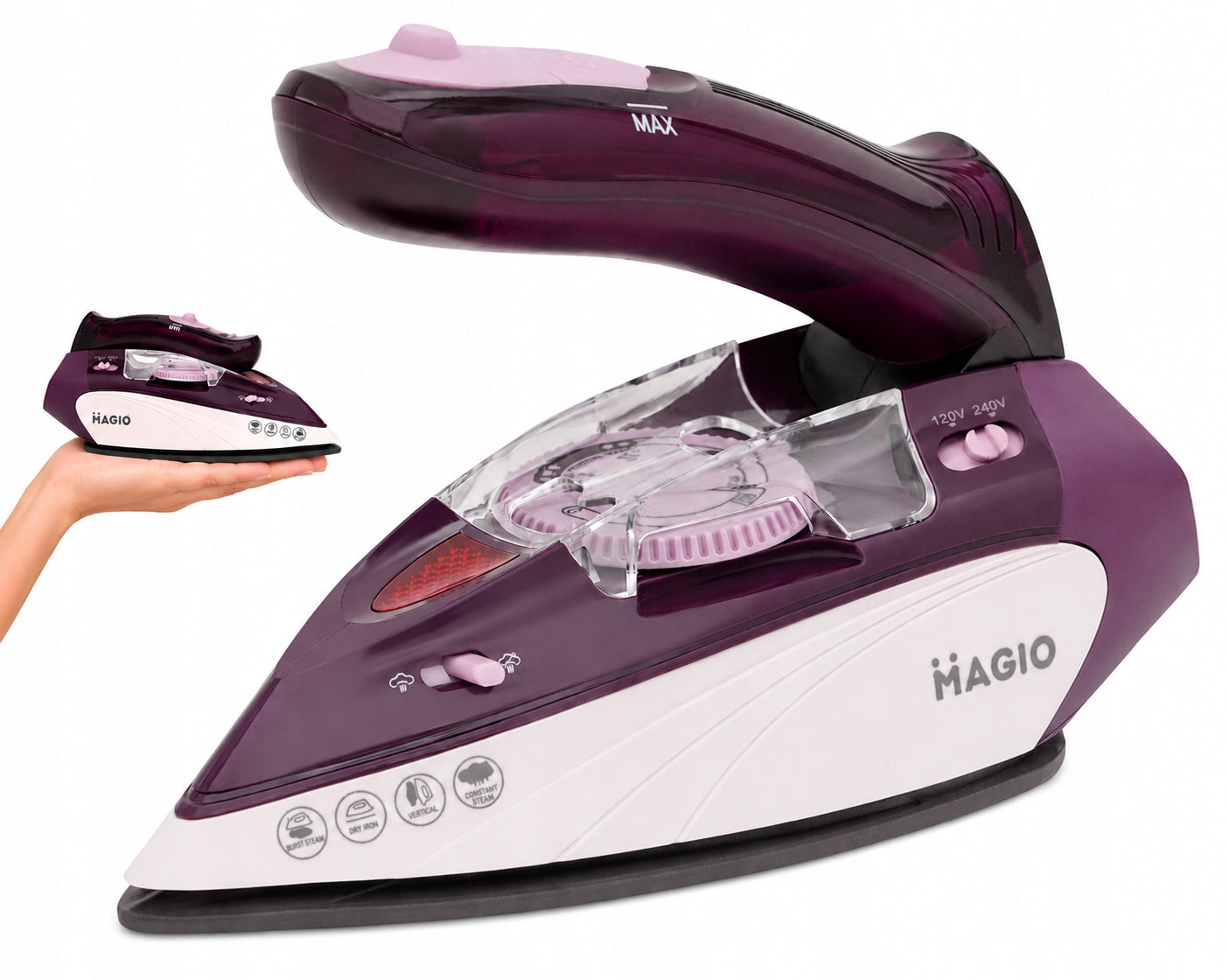 Tourist iron MAGIO 1100W, steam, foldable,120-240V, ceramic, mini