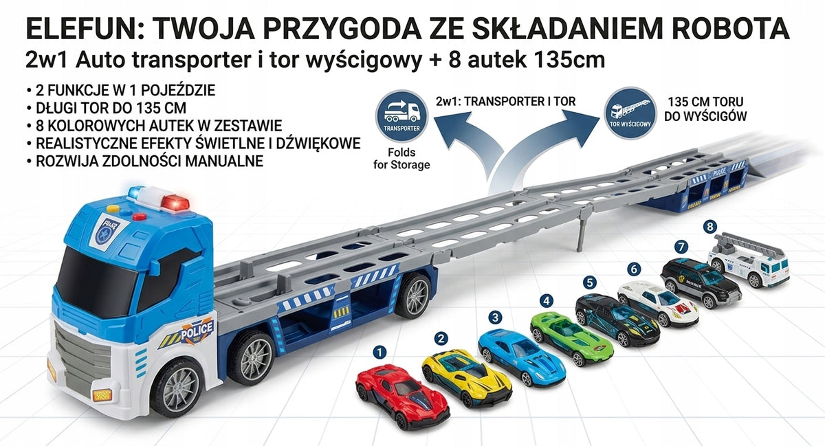 Tow truck Elefun 2in1 Transporter + Racing Track 135 cm + 8 Cars Manufacturer code 5609288323815