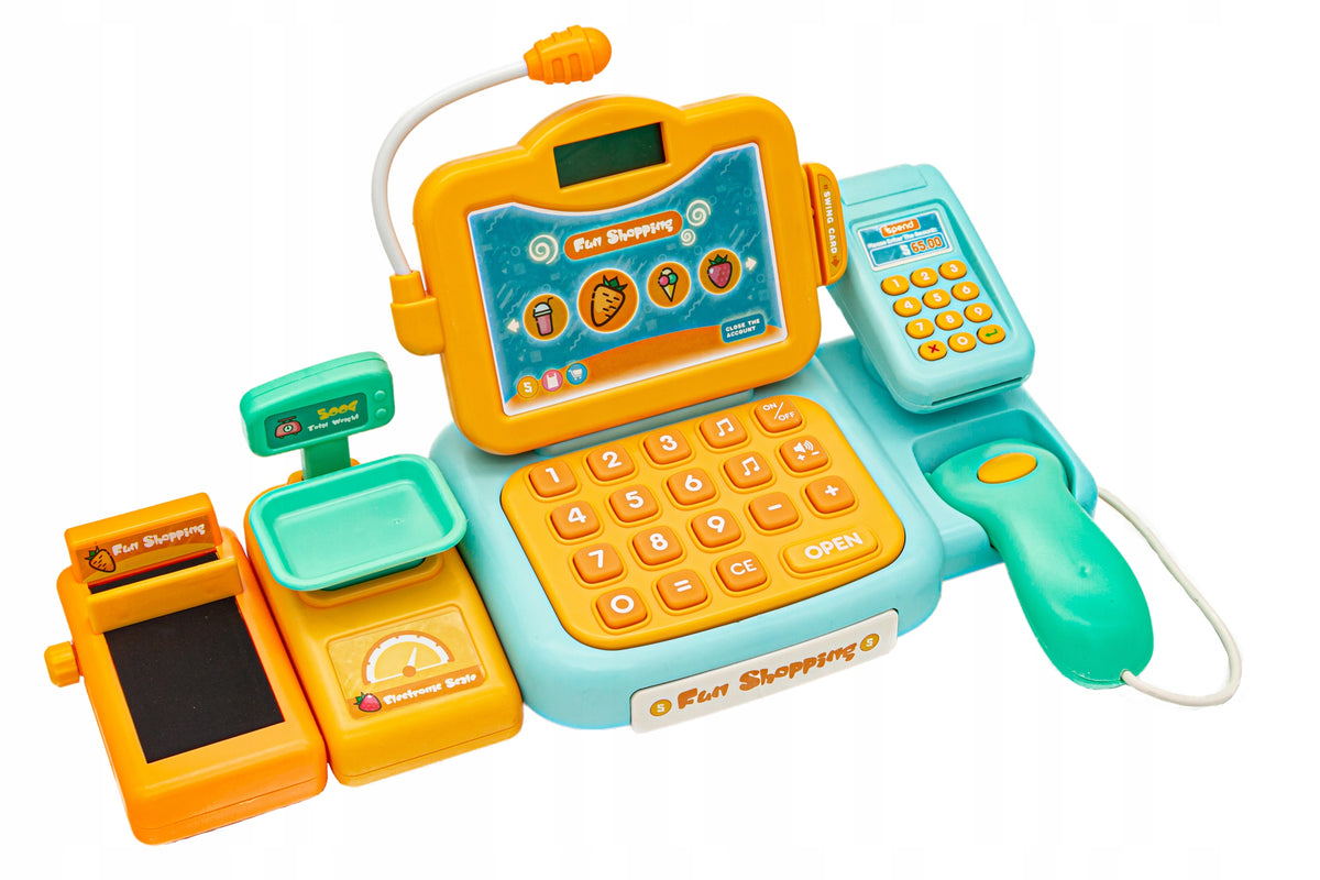 Toy Cash Register Fiscal FUN in SHOP Basket Weight Coin Code Reader Brand DK