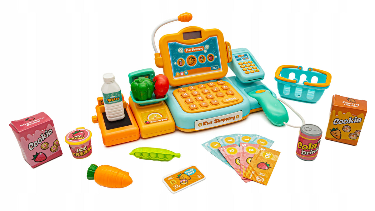Toy Cash Register Fiscal FUN in SHOP Basket Weight Coin Code Reader Color orange