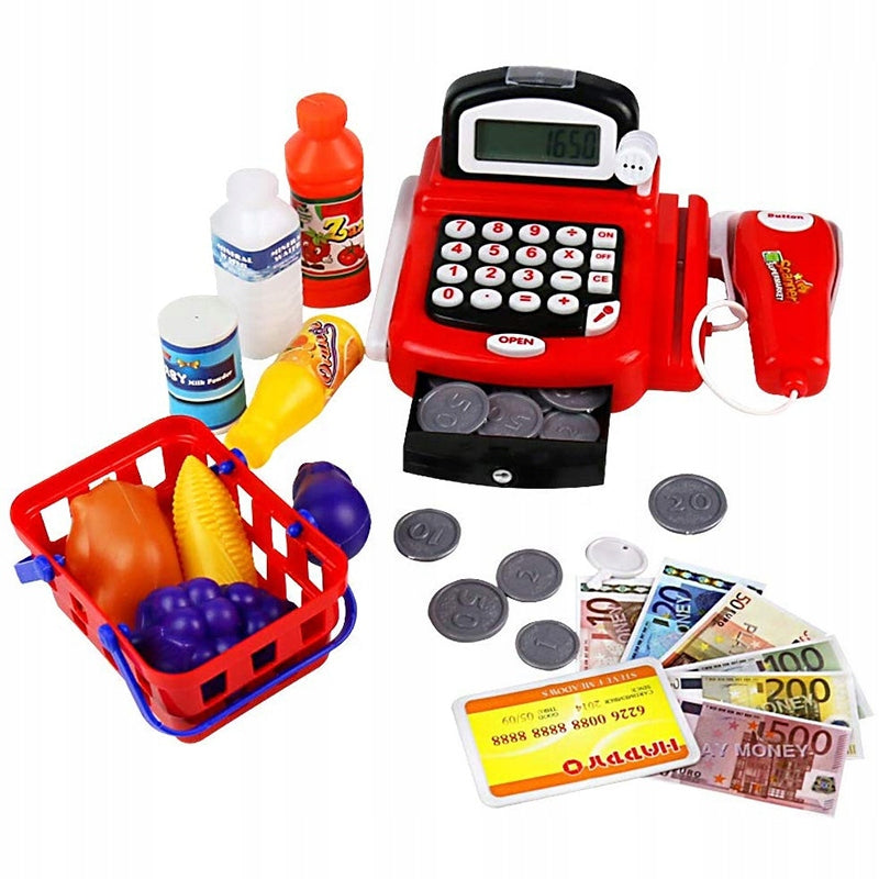 Toy Cash Register Shop Code Scanner Microphone Basket with Products Brand NORIMPEX