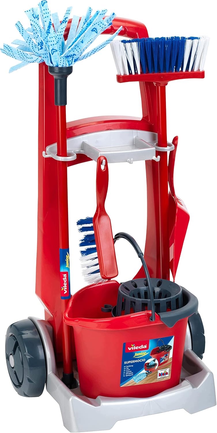Toy Cleaning Cart with Mop and Bucket, Red