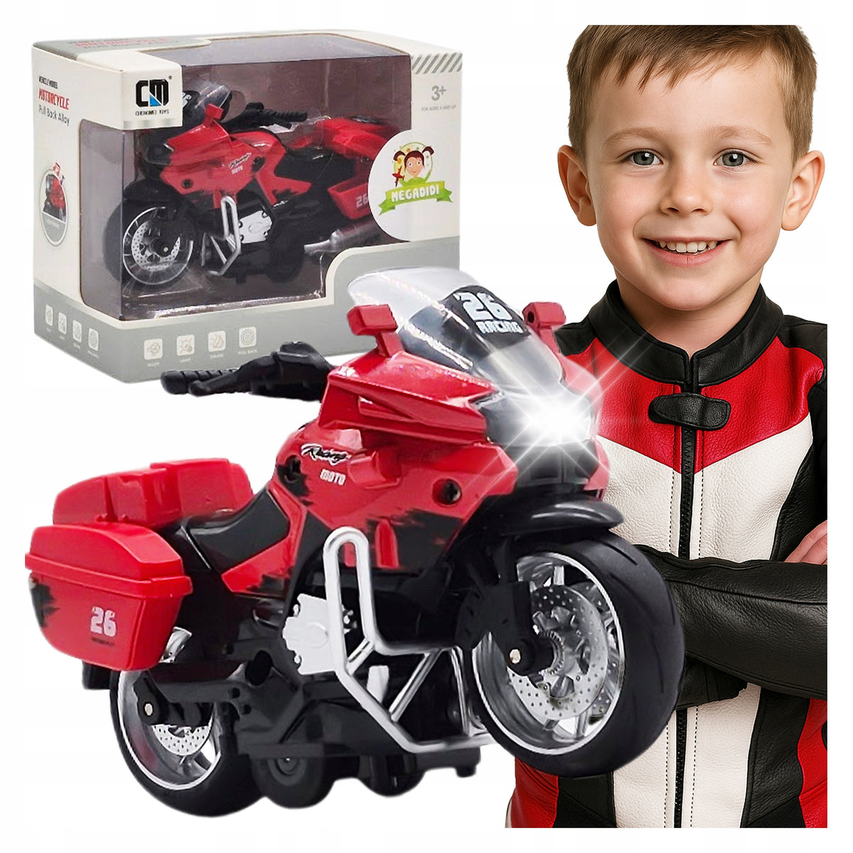 Toy MOTORCYCLE lights sounds METAL red MOTOR drive TRUNK